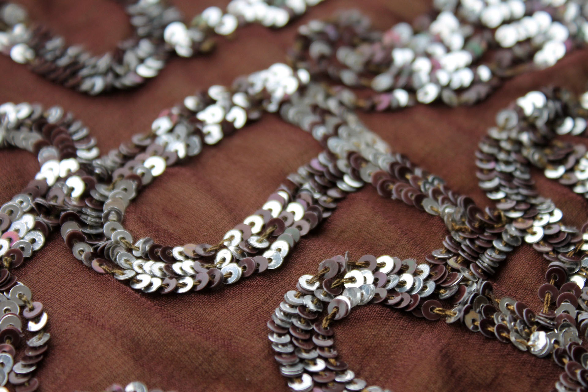 Brown Chiffon with Silver and Brown Micro Sequin Swirls fabric, image 3 of 6