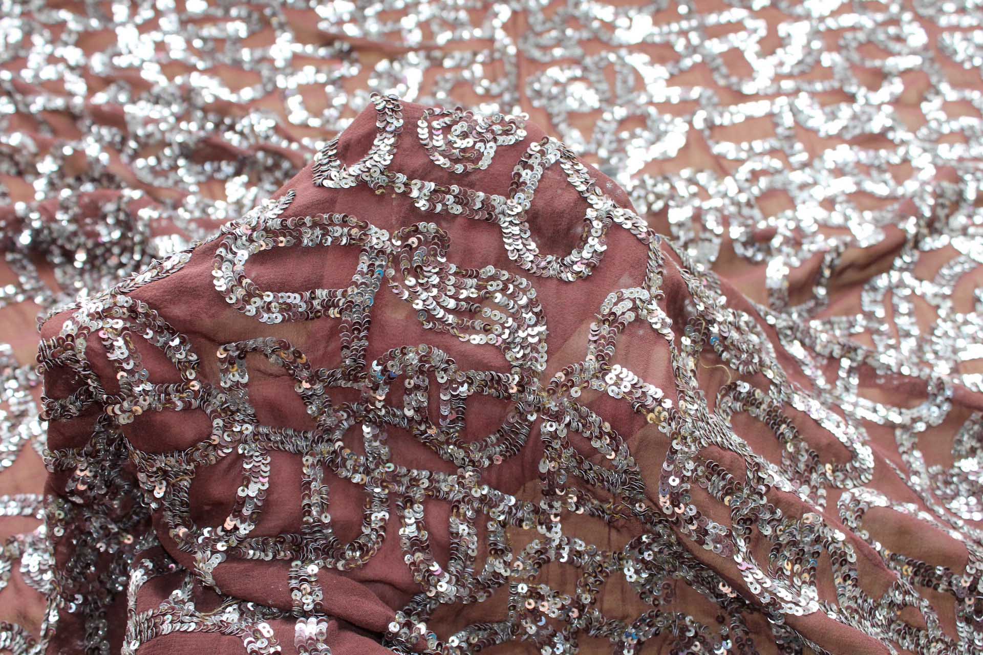 Brown Chiffon with Silver and Brown Micro Sequin Swirls fabric