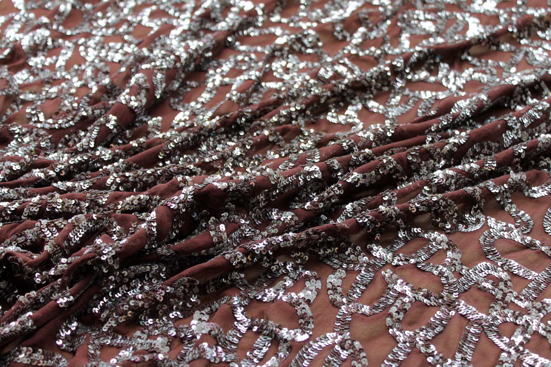 Brown Chiffon with Silver and Brown Micro Sequin Swirls fabric, image 6 of 6