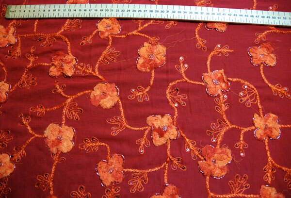 Red chiffon with orange floral embroidery