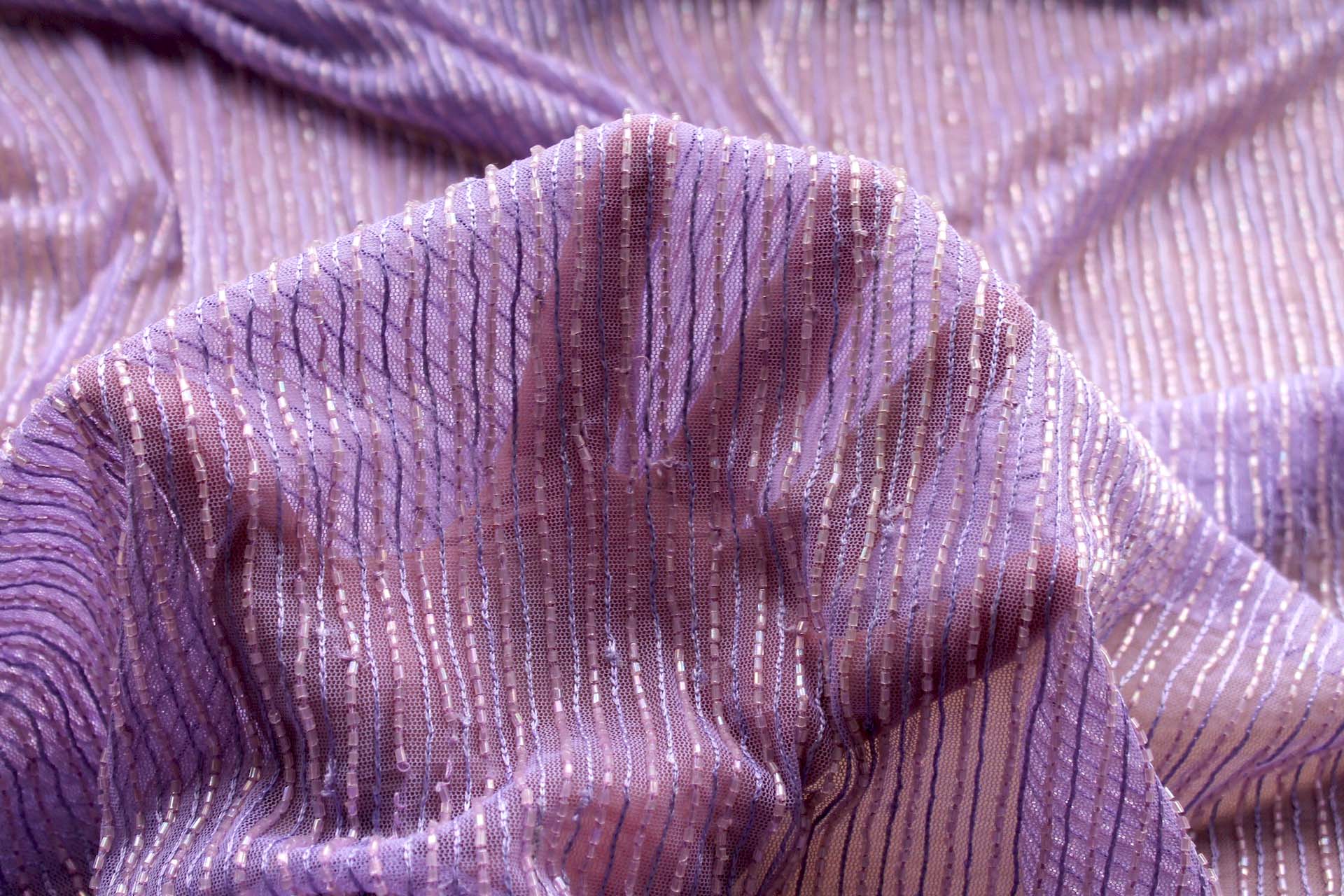 Lilac Tulle with Embroidered and Bugle Beaded Stripes fabric, image 2 of 6