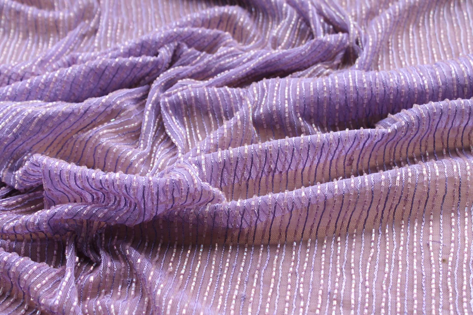 Lilac Tulle with Embroidered and Bugle Beaded Stripes fabric, image 6 of 6