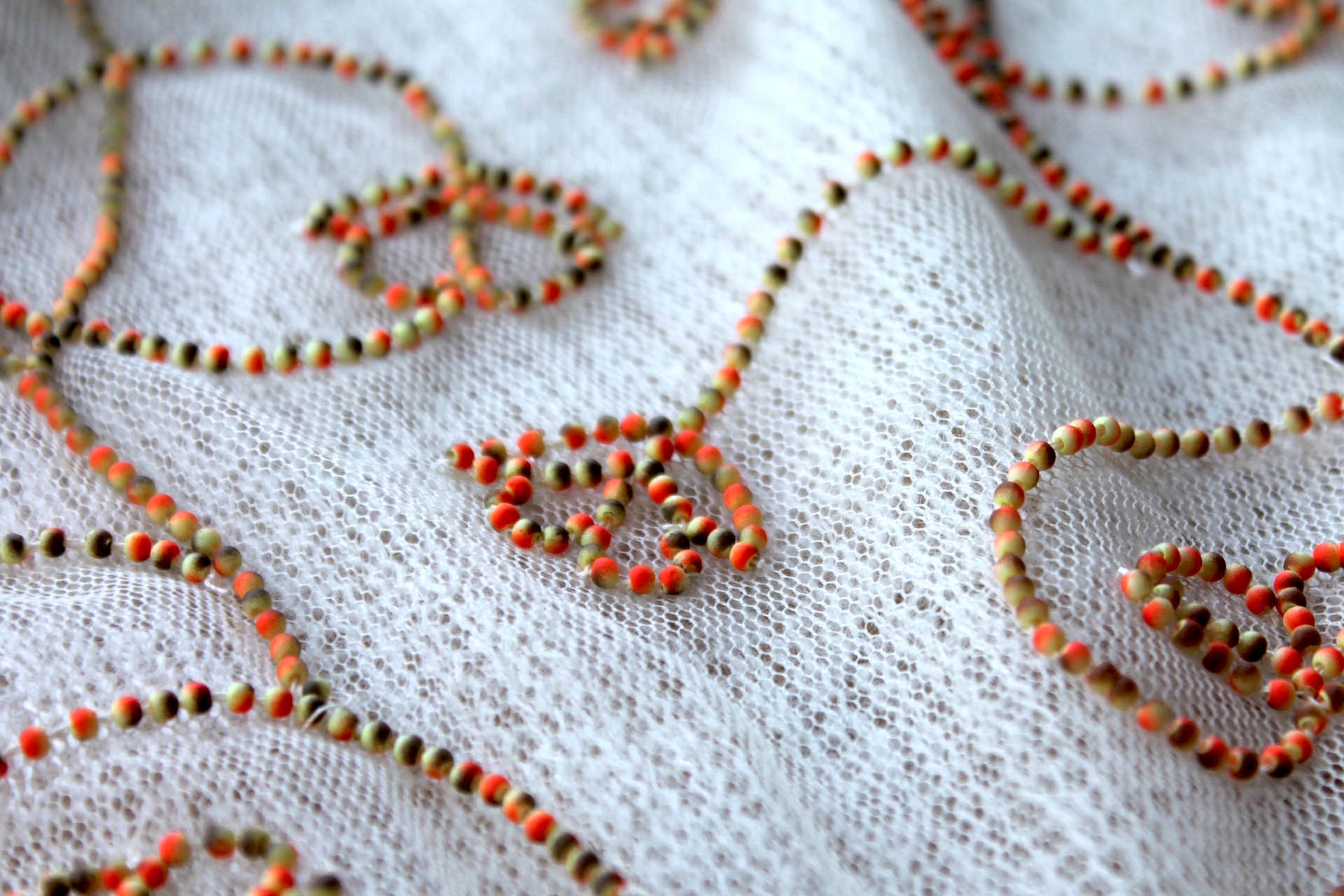 Cream Tulle Beading with Double Tone Green and Orange Beads fabric, image 2 of 7