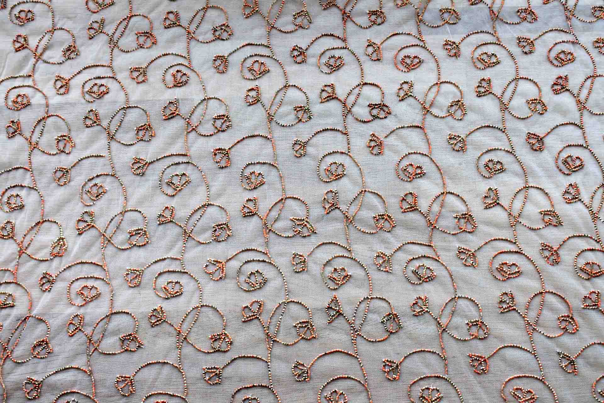 Cream Tulle Beading with Double Tone Green and Orange Beads fabric, image 3 of 7