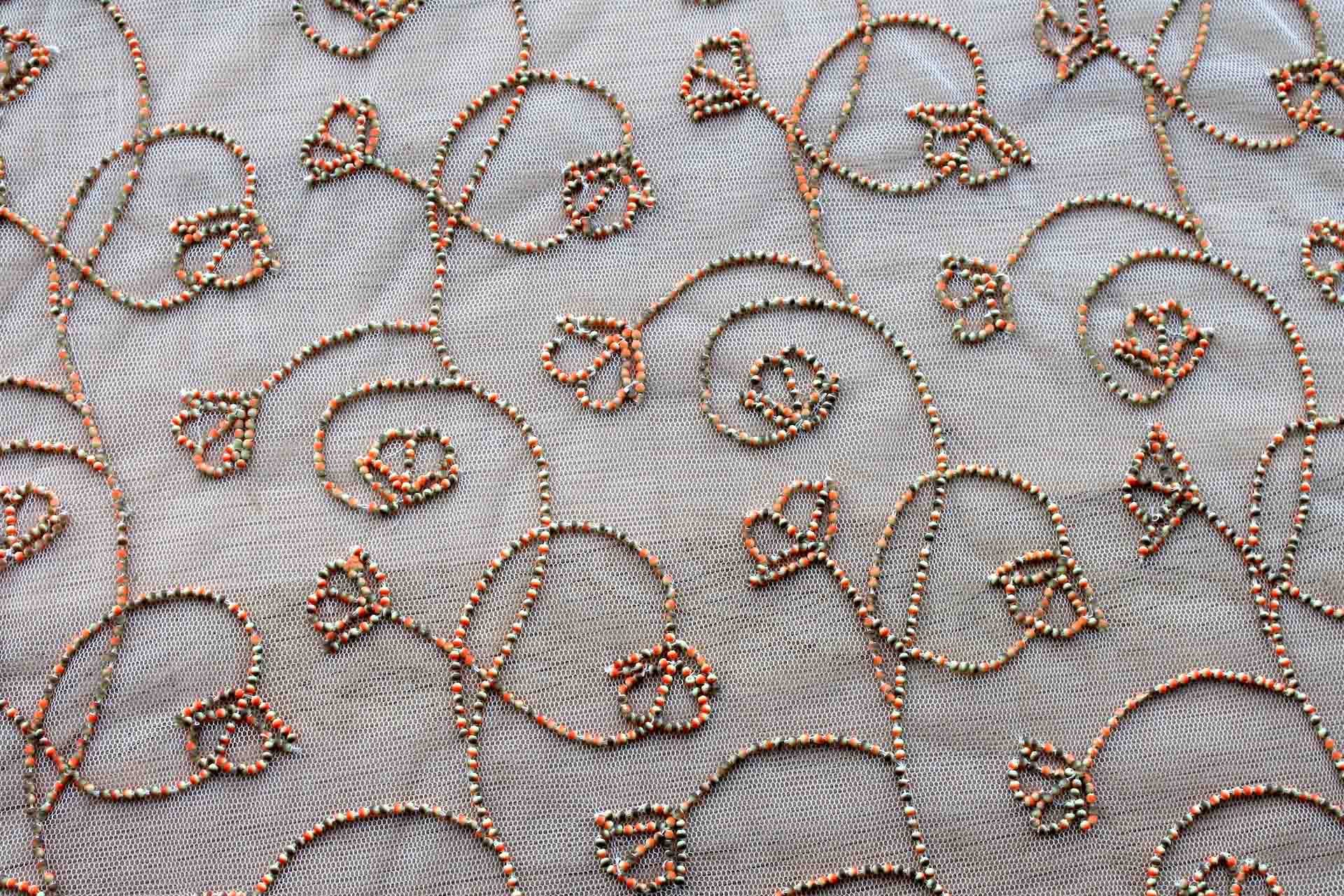 Cream Tulle Beading with Double Tone Green and Orange Beads fabric, image 4 of 7