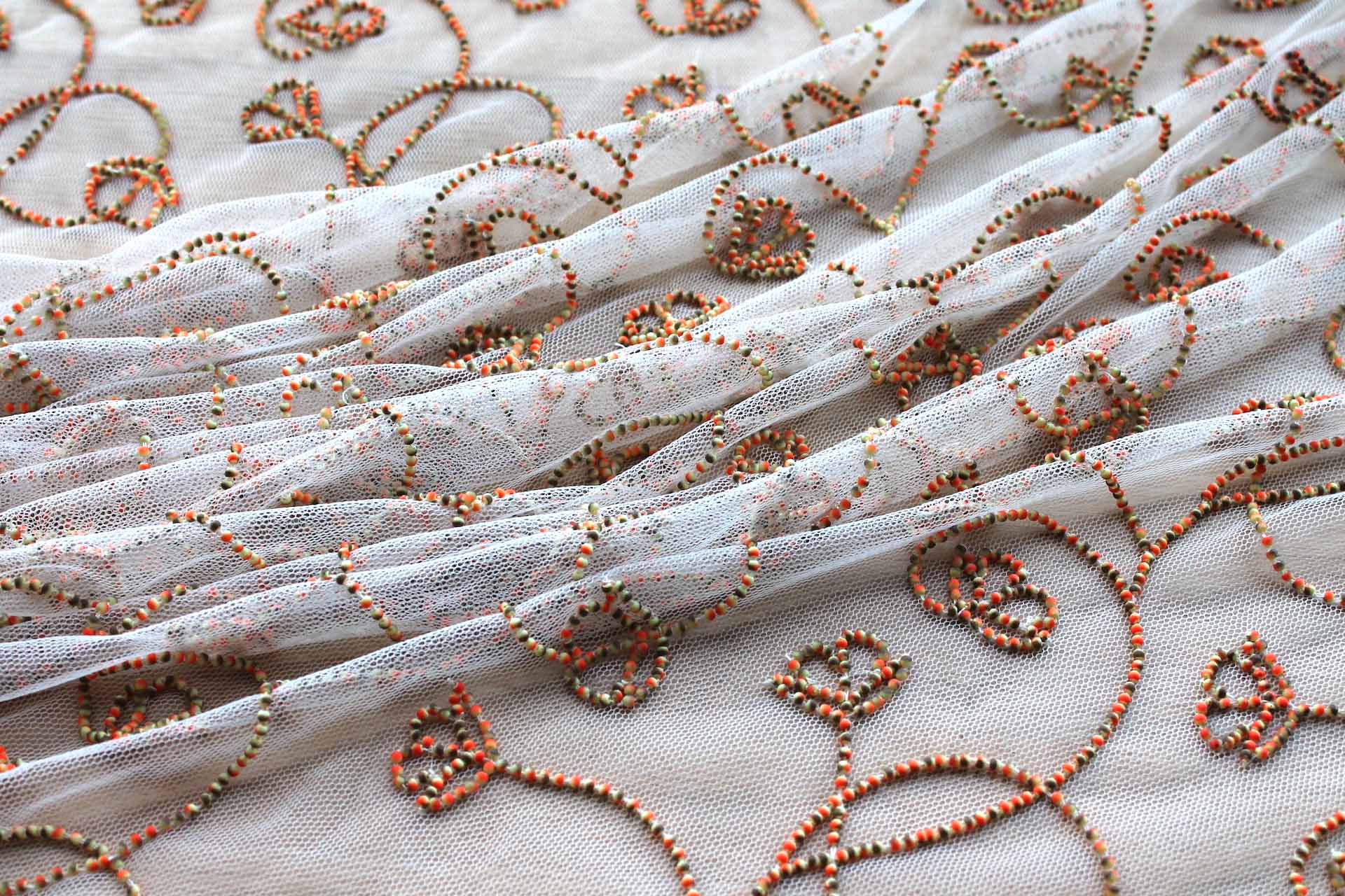 Cream Tulle Beading with Double Tone Green and Orange Beads fabric, image 5 of 7