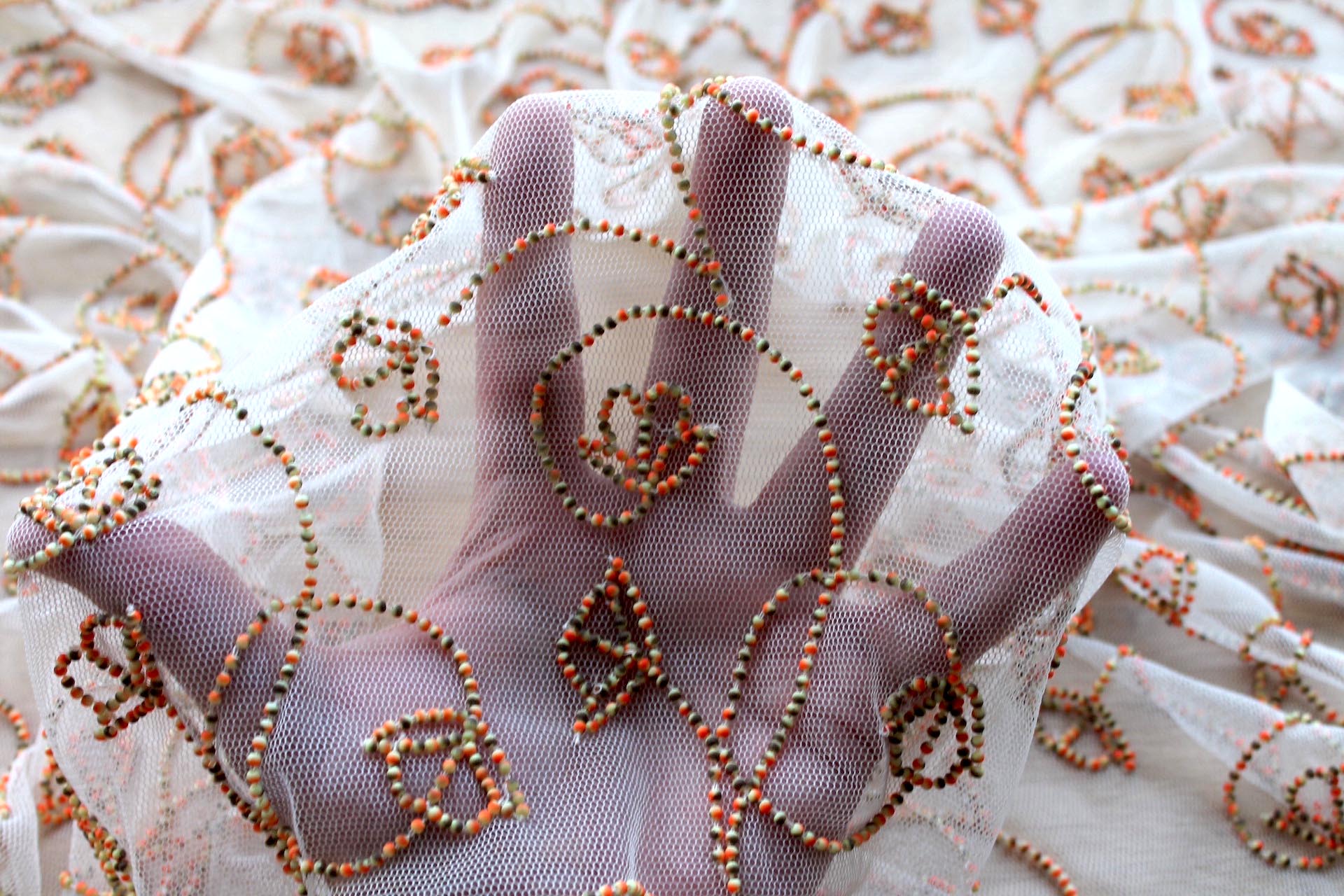 Cream Tulle Beading with Double Tone Green and Orange Beads fabric, image 6 of 7