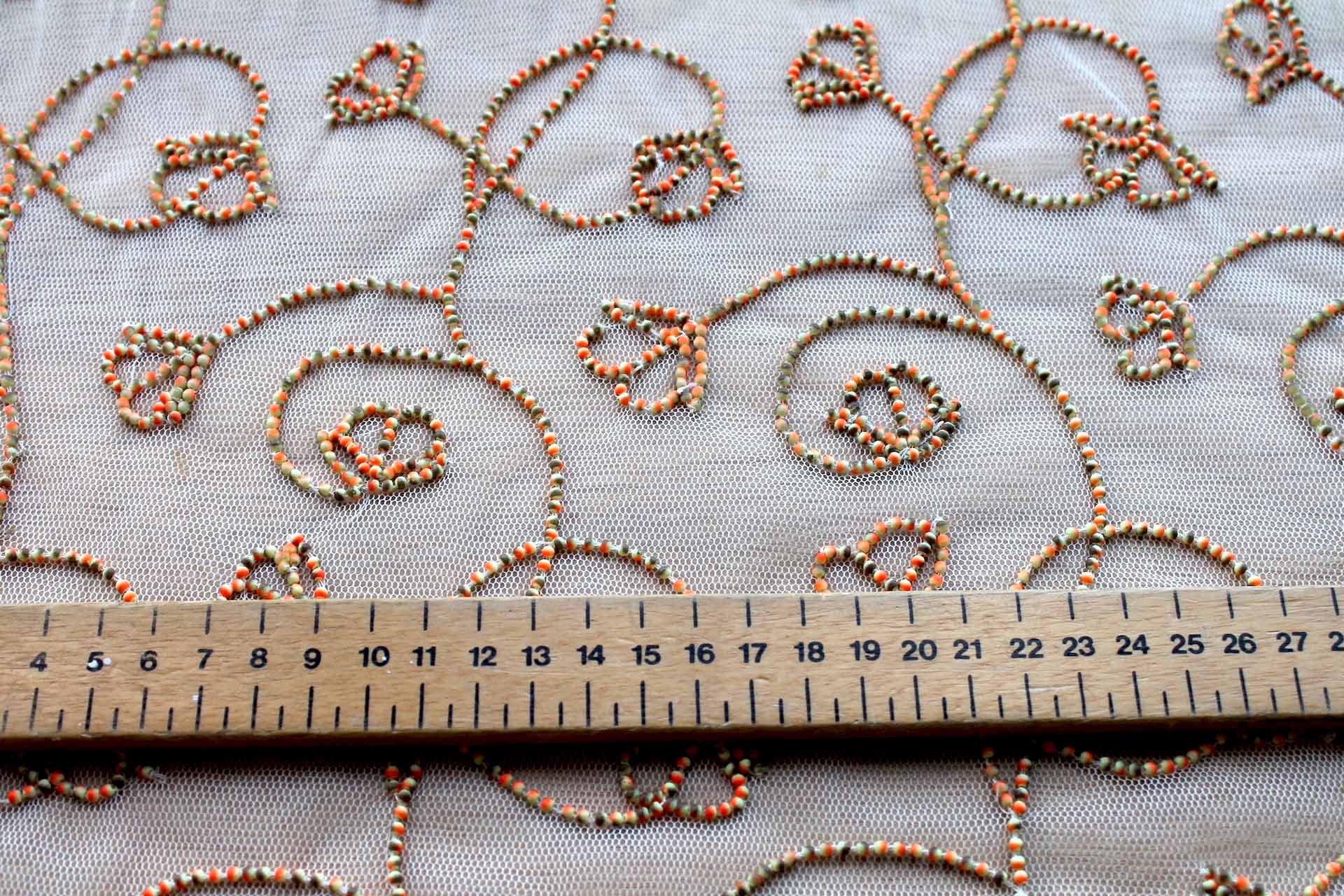Cream Tulle Beading with Double Tone Green and Orange Beads fabric, image 7 of 7
