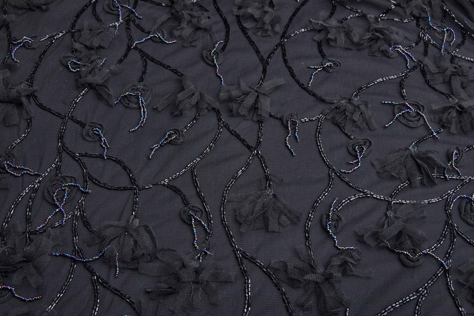 Embellished Black Tulle with Beading and Tassels fabric, image 6 of 12