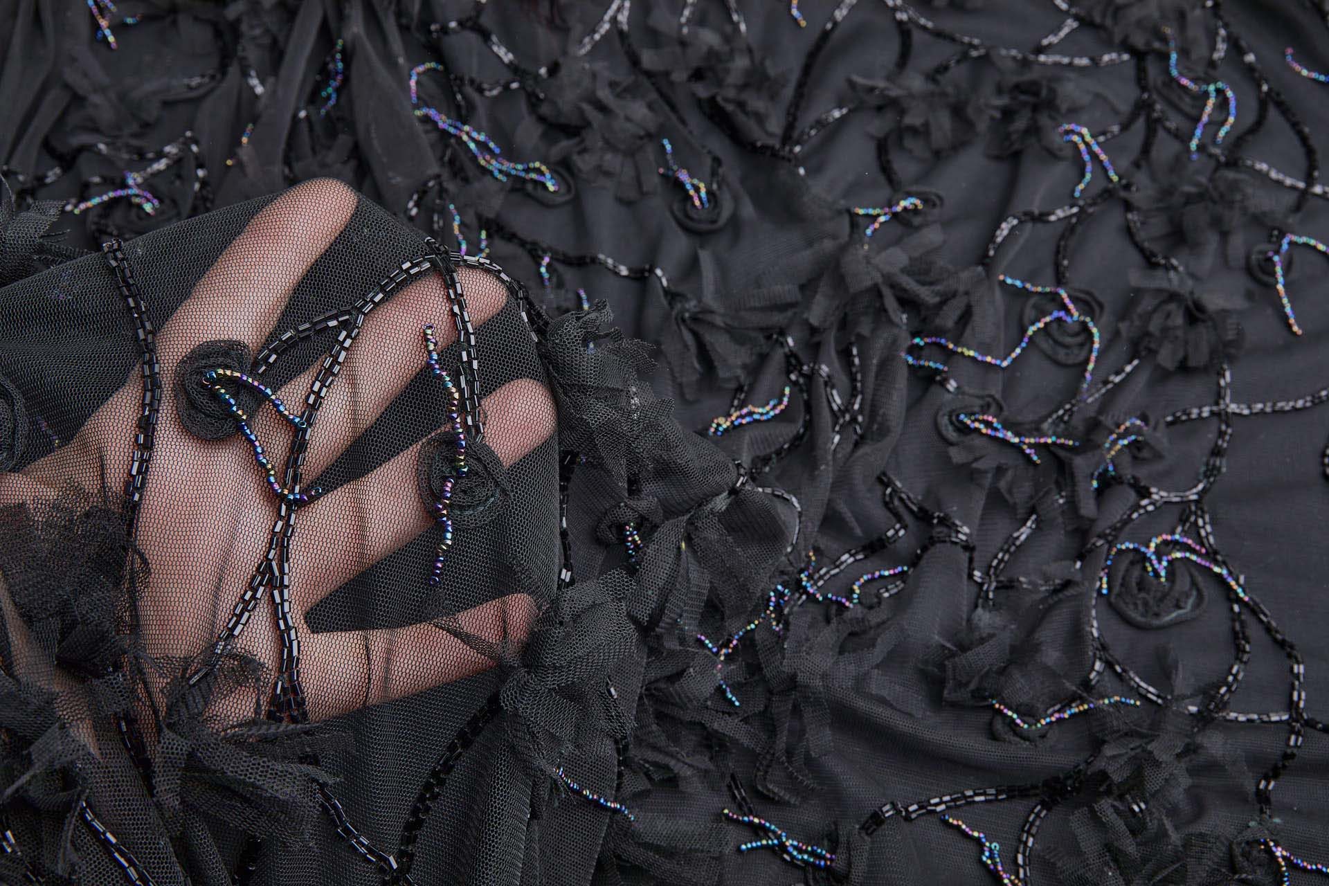 Embellished Black Tulle with Beading and Tassels fabric