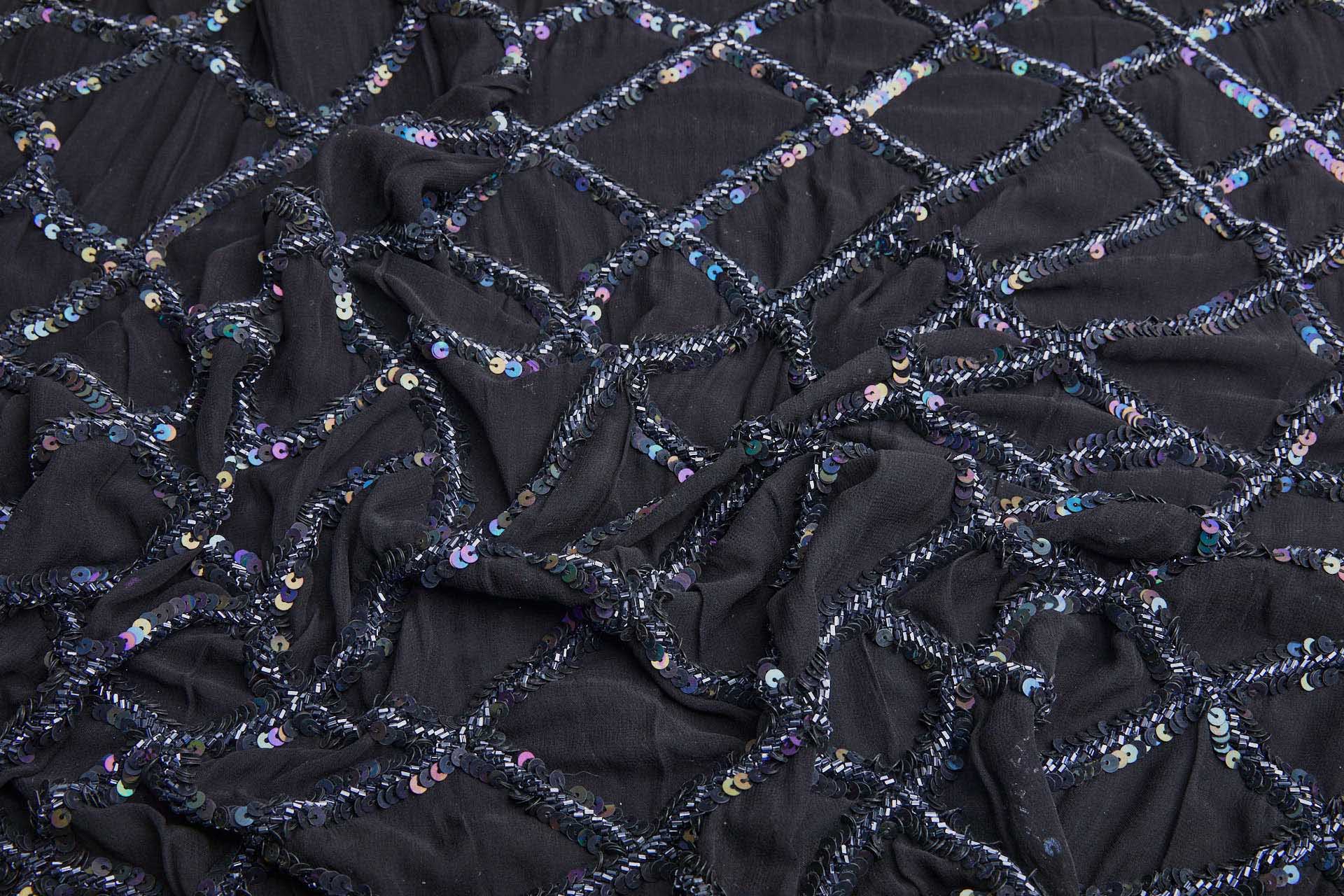 Geometric Beaded and Sequinned Black Georgette fabric, image 4 of 8