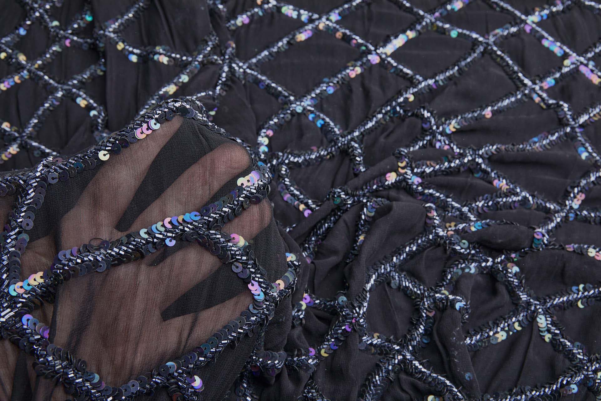 Geometric Beaded and Sequinned Black Georgette fabric