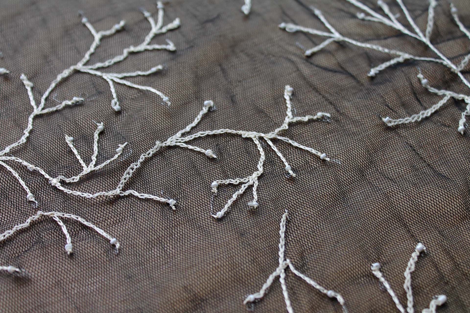Black Tulle with Cream Twig Embroidery fabric, image 2 of 4