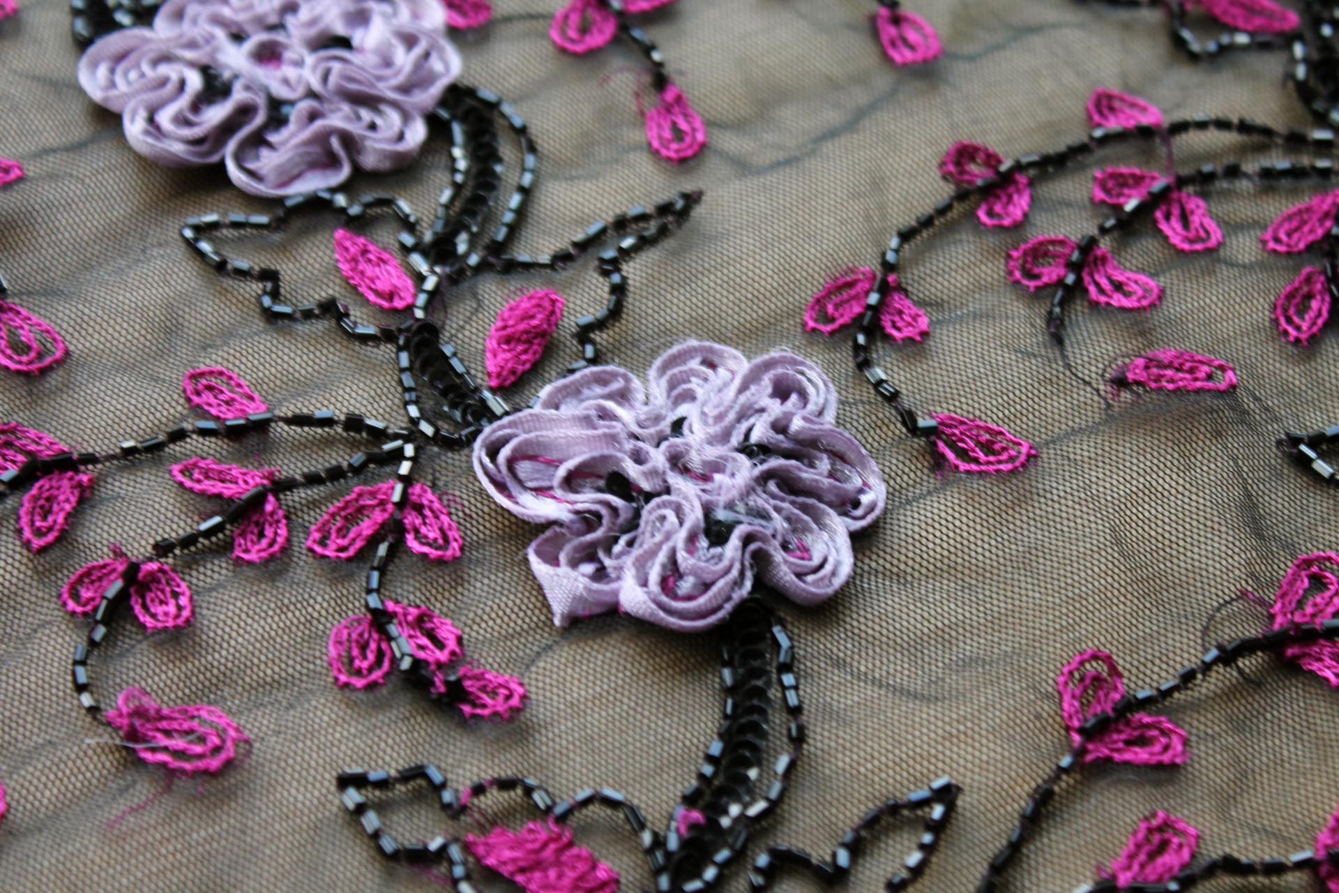 Black Tulle with Pale Lilac Ribbon Flowers, Black Beads and Pink Embroidered Leaves fabric, image 2 of 7