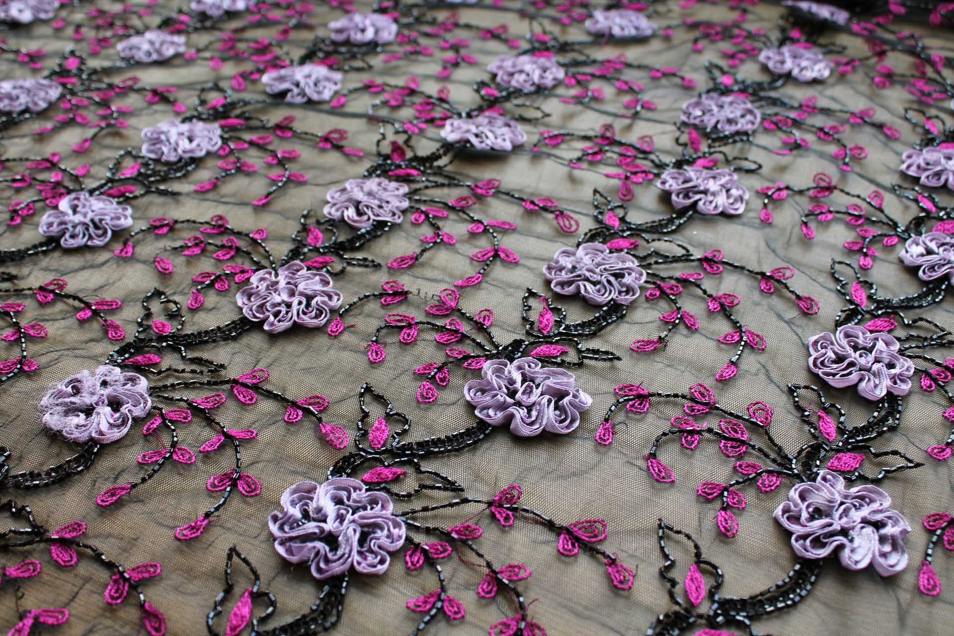 Black Tulle with Pale Lilac Ribbon Flowers, Black Beads and Pink Embroidered Leaves fabric, image 3 of 7