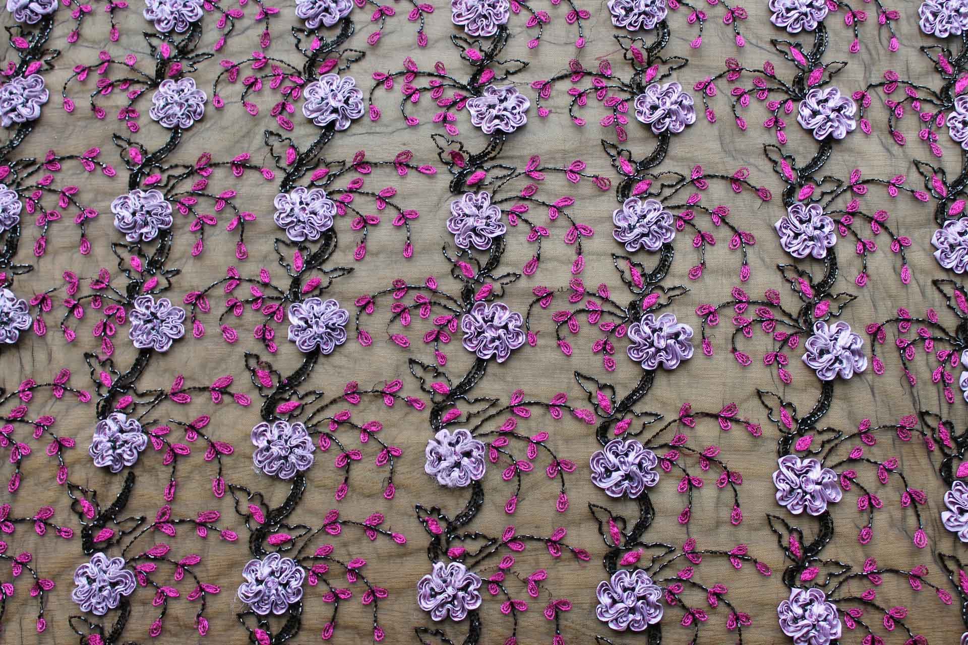Black Tulle with Pale Lilac Ribbon Flowers, Black Beads and Pink Embroidered Leaves fabric, image 4 of 7