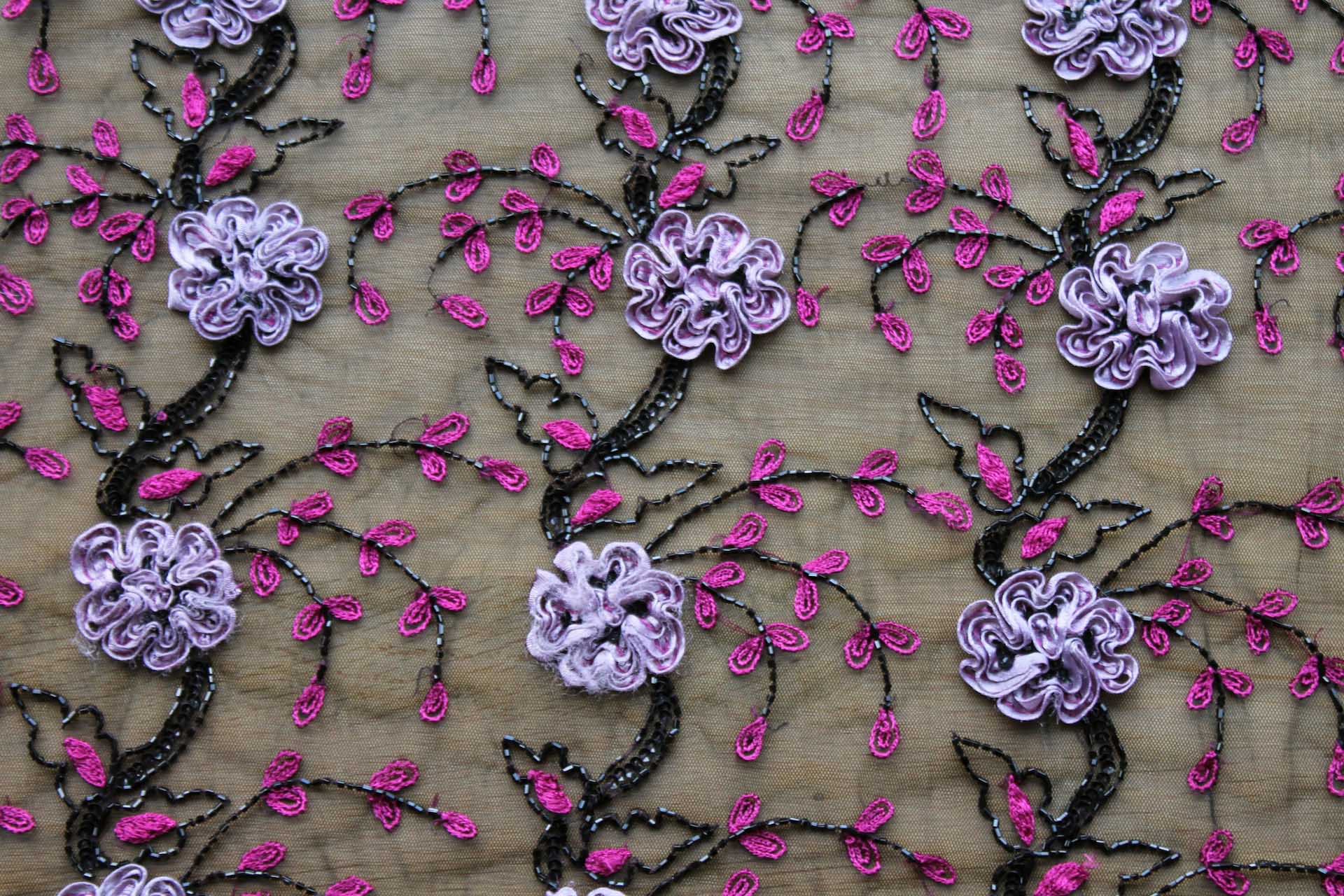 Black Tulle with Pale Lilac Ribbon Flowers, Black Beads and Pink Embroidered Leaves fabric, image 5 of 7