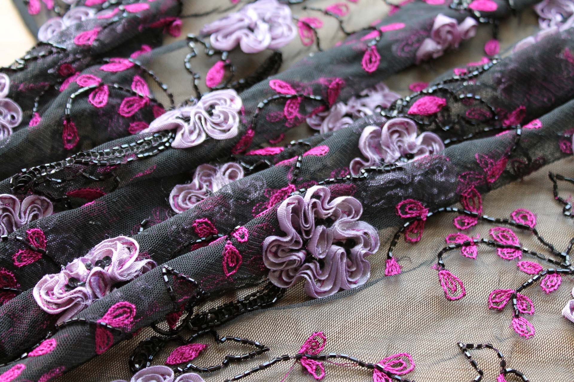 Black Tulle with Pale Lilac Ribbon Flowers, Black Beads and Pink Embroidered Leaves fabric, image 6 of 7