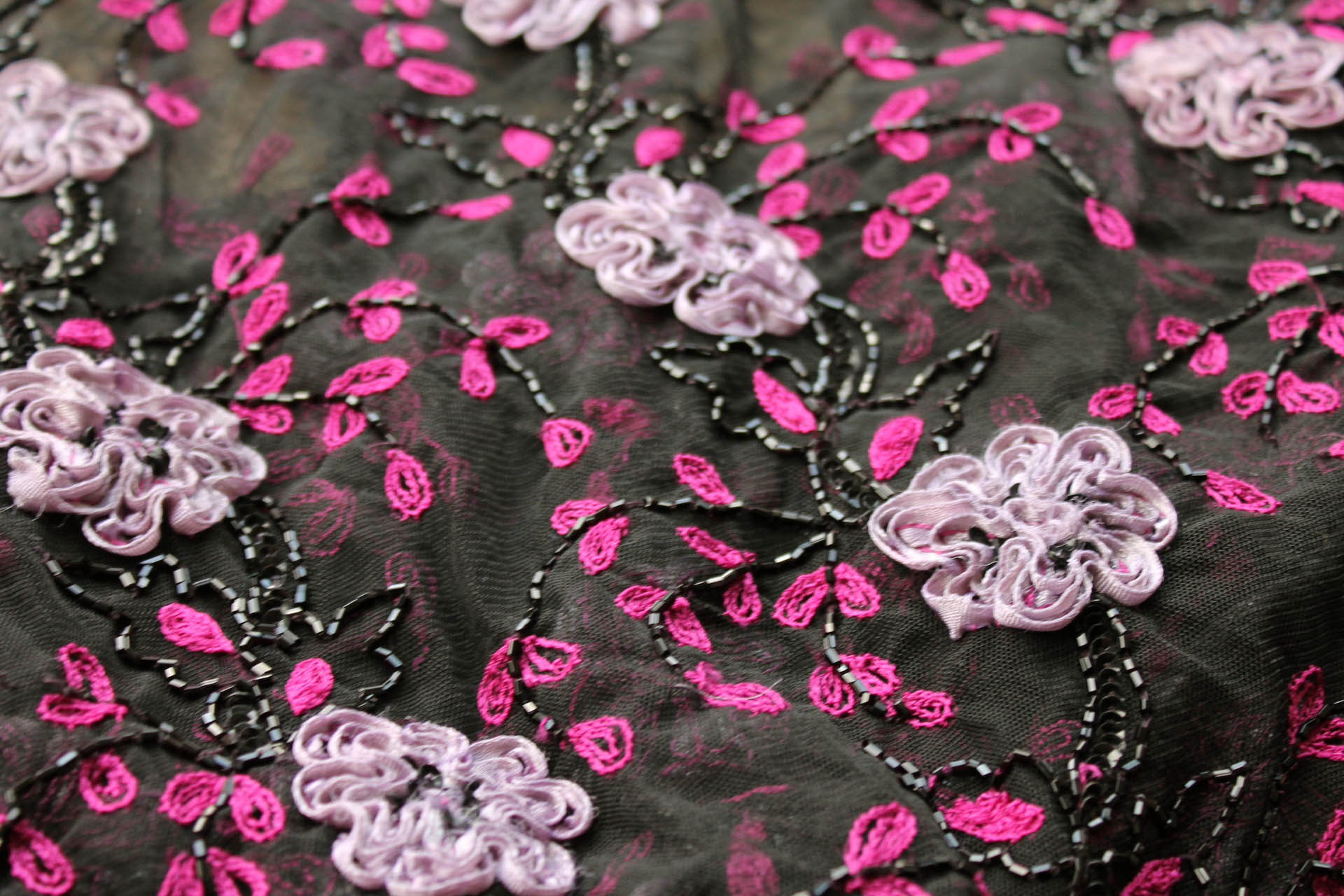 Black Tulle with Pale Lilac Ribbon Flowers, Black Beads and Pink Embroidered Leaves fabric, image 7 of 7