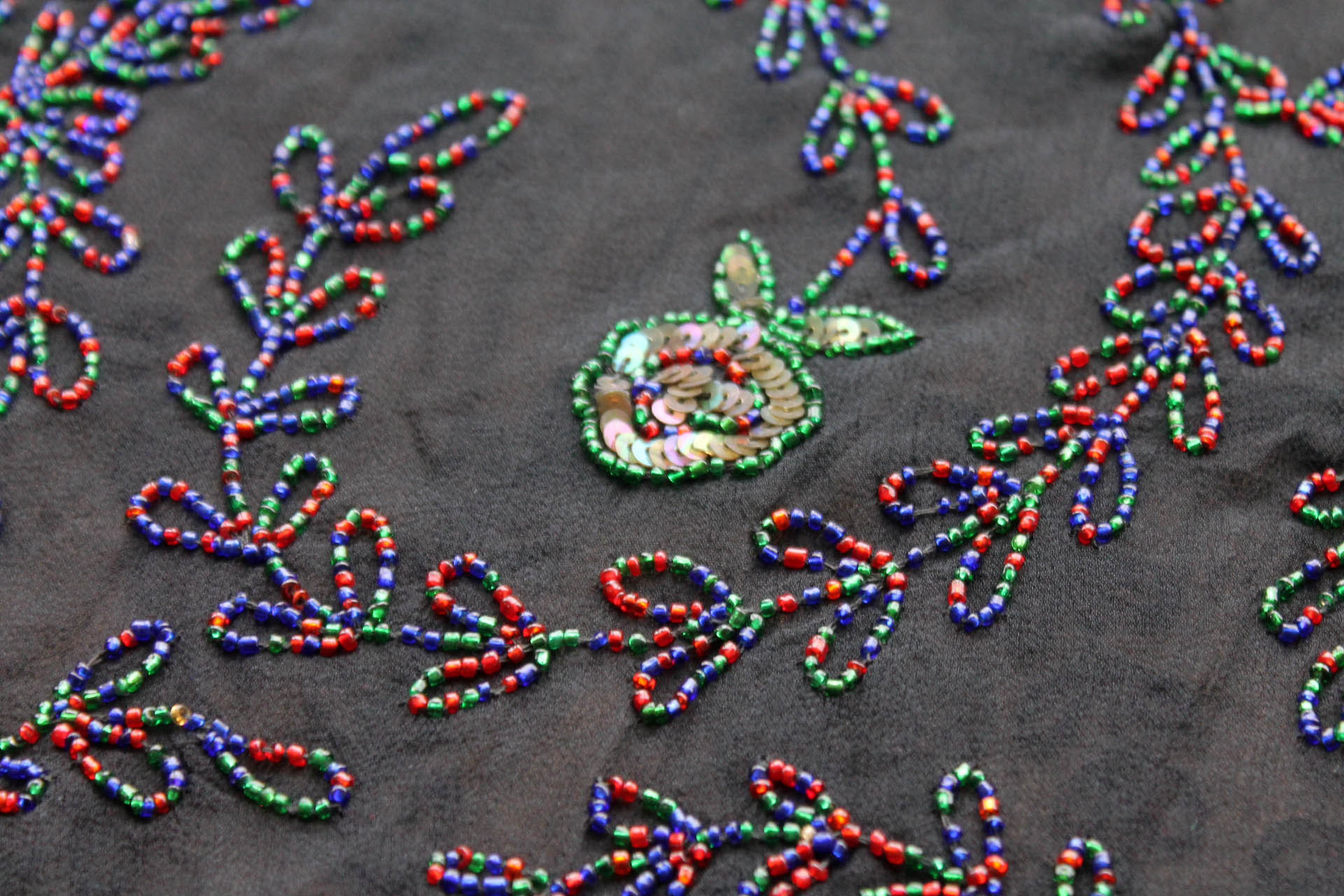 Black Georgette with Floral Swirl Beaded Embroidery - Red, Blue & Green fabric, image 3 of 10