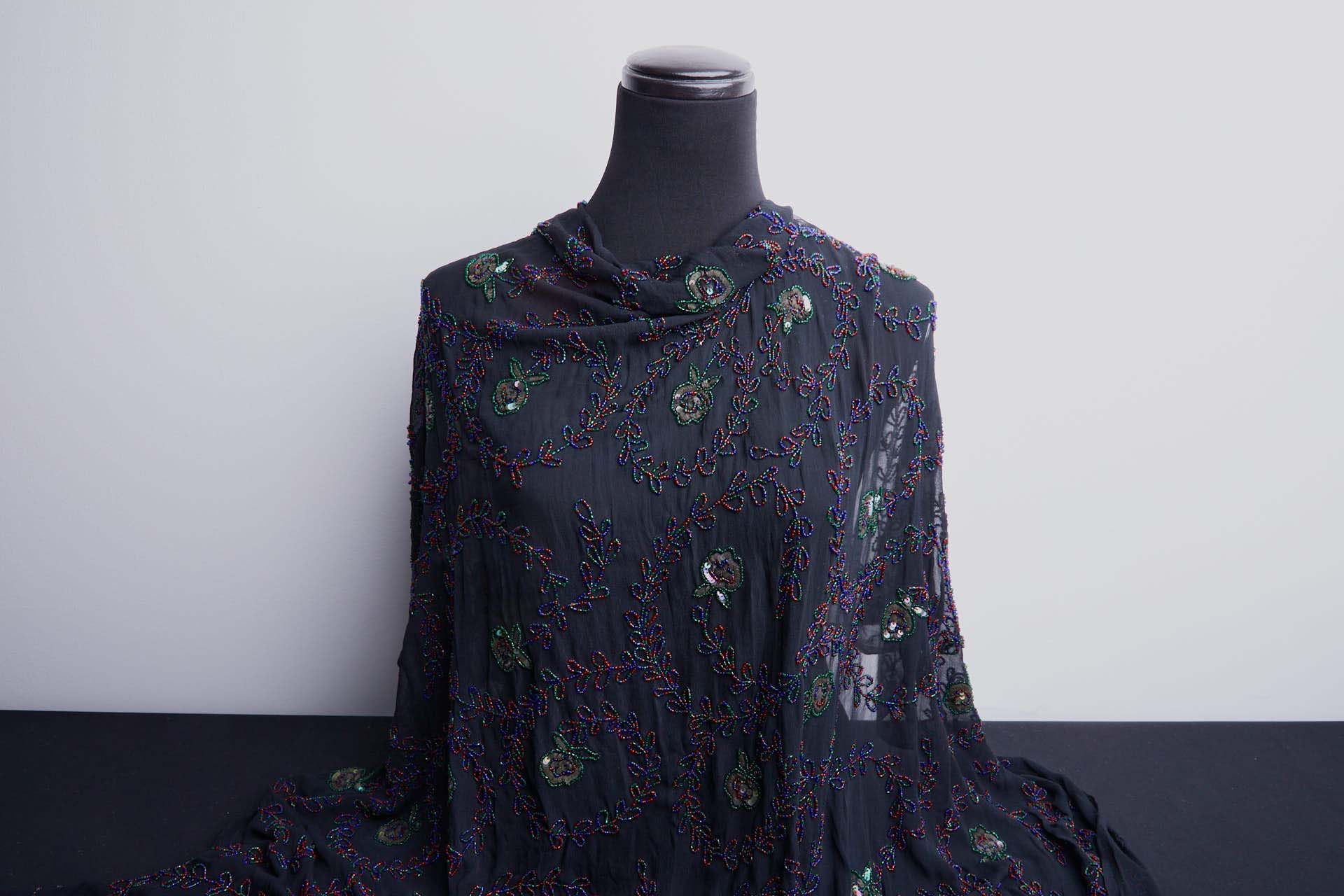 Black Georgette with Floral Swirl Beaded Embroidery - Red, Blue & Green fabric, image 2 of 10