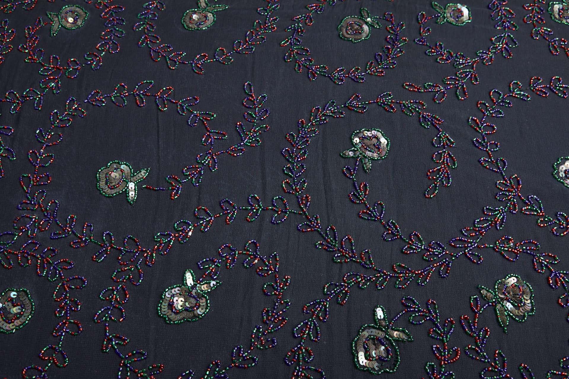 Black Georgette with Floral Swirl Beaded Embroidery - Red, Blue & Green fabric, image 4 of 10