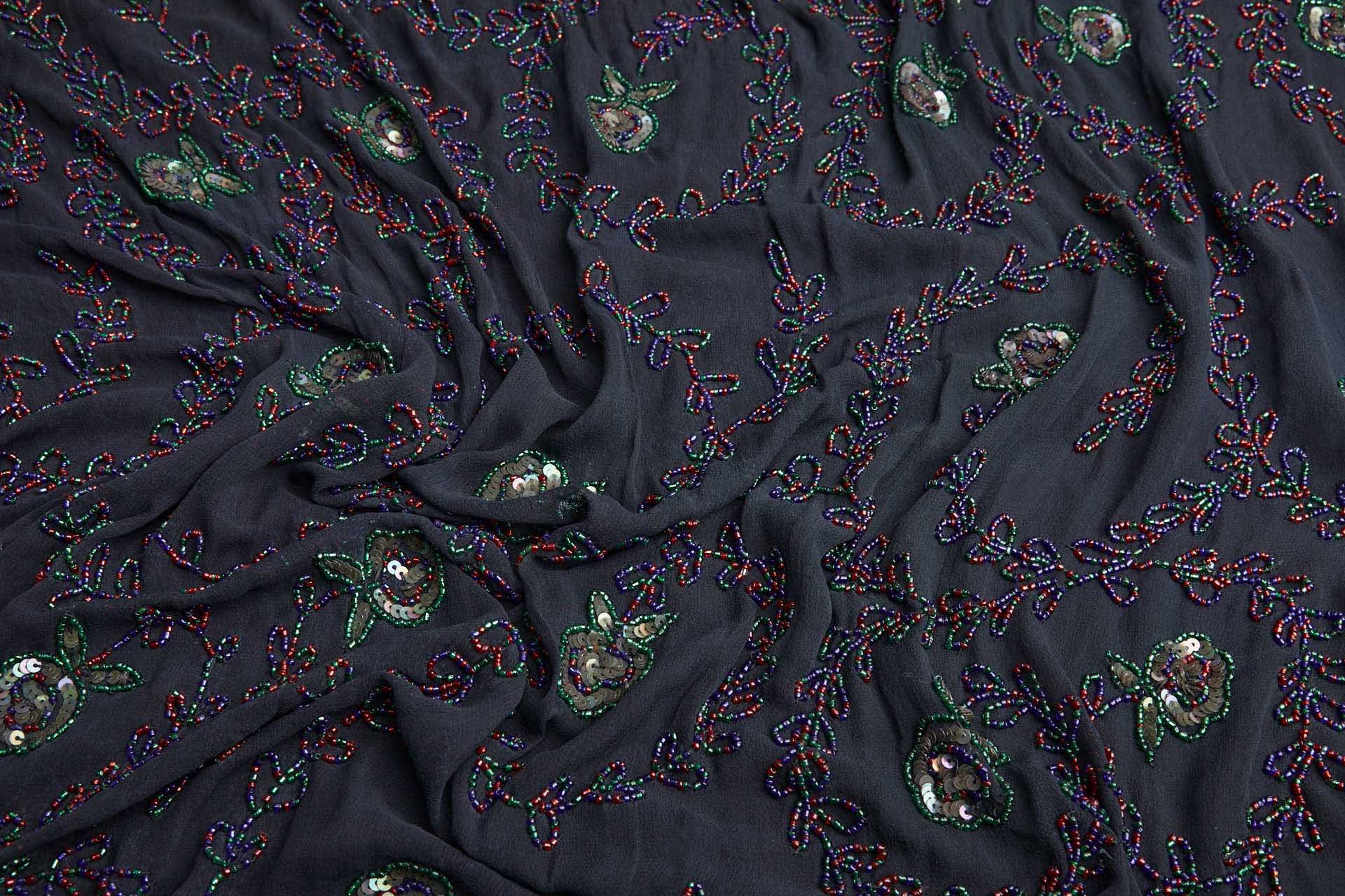 Black Georgette with Floral Swirl Beaded Embroidery - Red, Blue & Green fabric, image 5 of 10