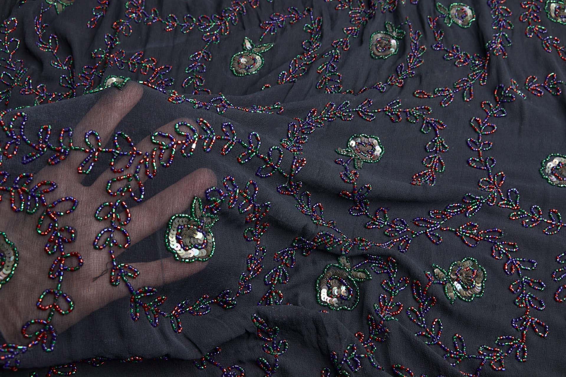 Black Georgette with Floral Swirl Beaded Embroidery - Red, Blue & Green fabric