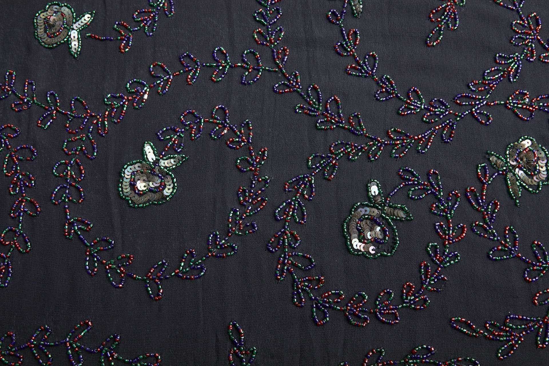 Black Georgette with Floral Swirl Beaded Embroidery - Red, Blue & Green fabric, image 6 of 10