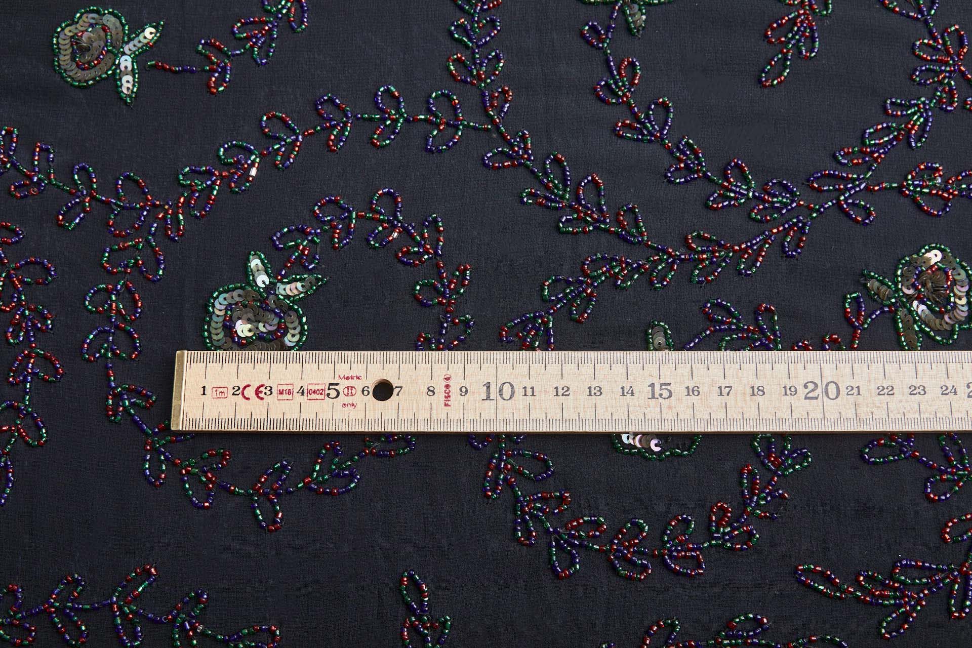 Black Georgette with Floral Swirl Beaded Embroidery - Red, Blue & Green fabric, image 7 of 10