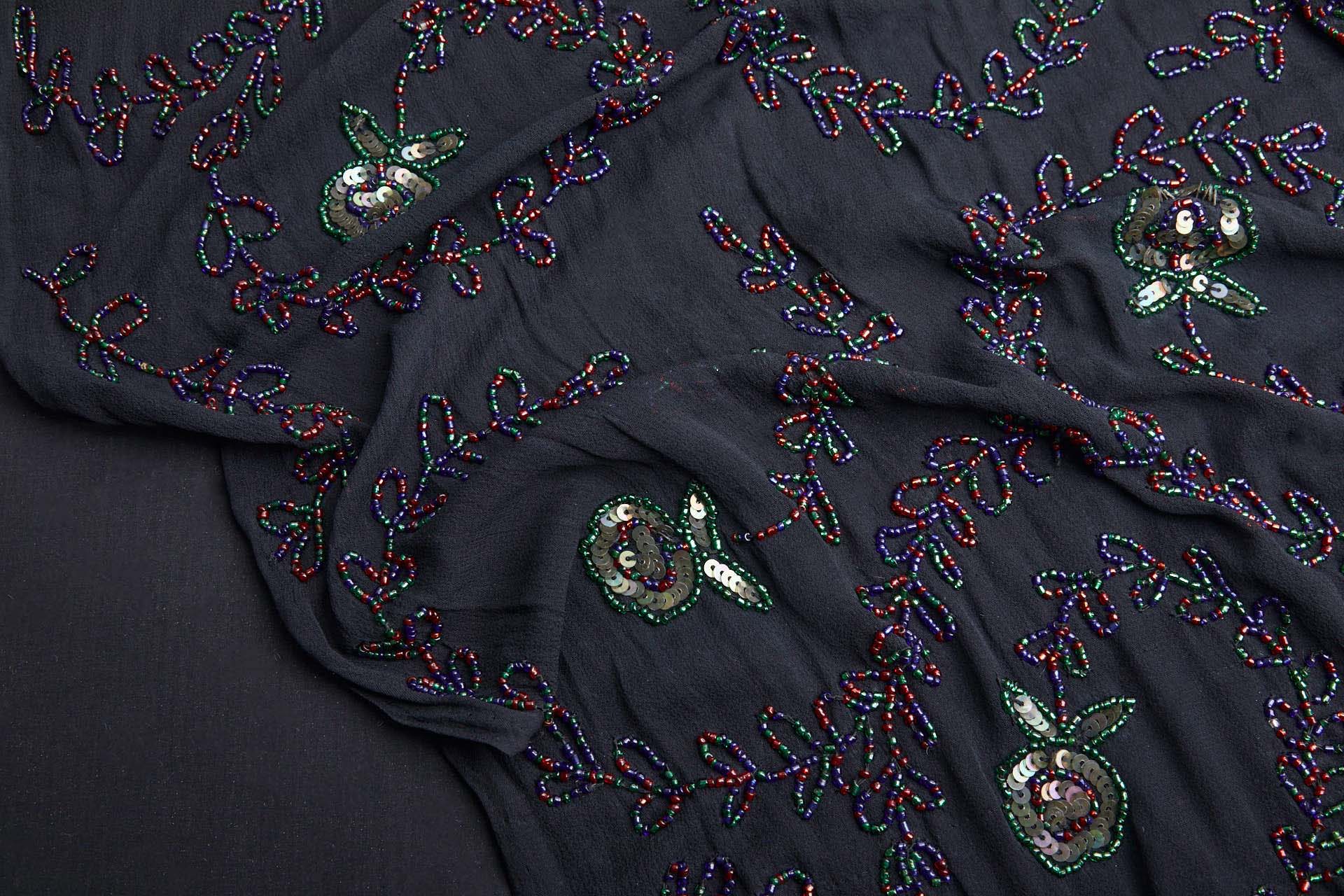 Black Georgette with Floral Swirl Beaded Embroidery - Red, Blue & Green fabric, image 9 of 10
