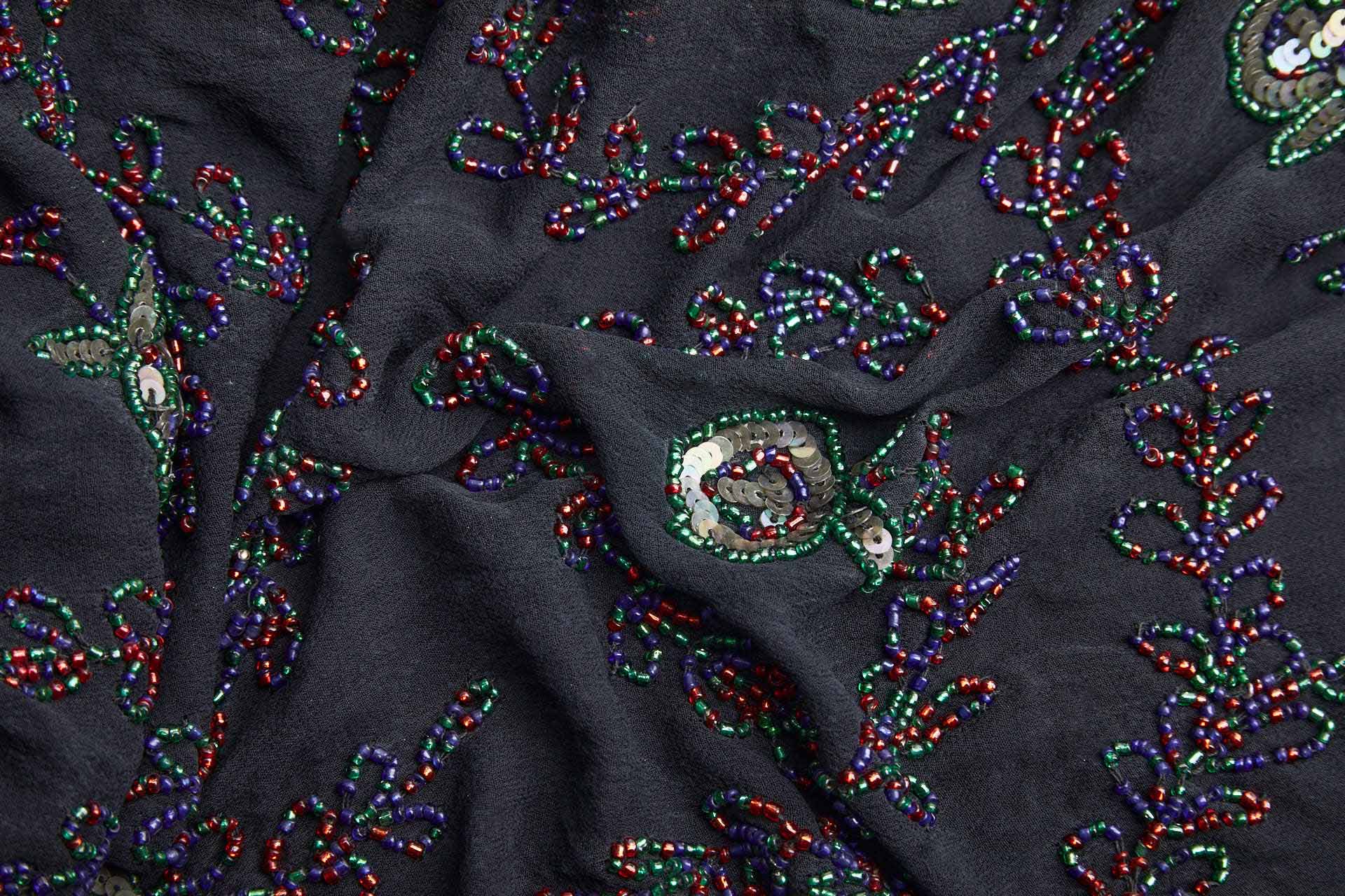 Black Georgette with Floral Swirl Beaded Embroidery - Red, Blue & Green fabric, image 10 of 10