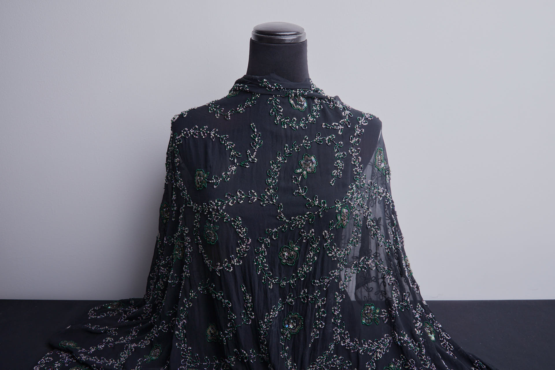 Black Georgette with Floral Swirl Beaded Embroidery - Pink, Purple & Green fabric, image 2 of 13