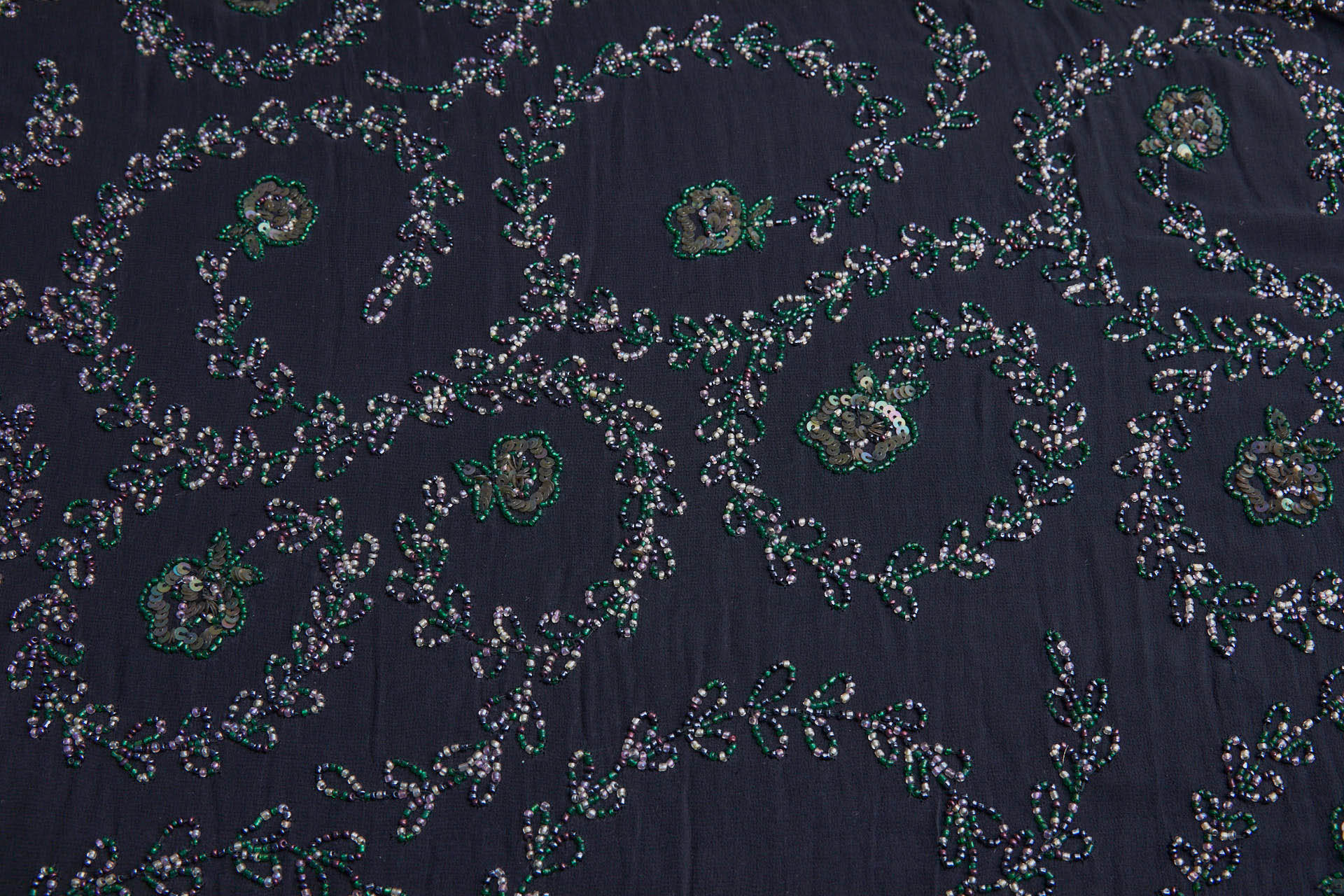 Black Georgette with Floral Swirl Beaded Embroidery - Pink, Purple & Green fabric, image 3 of 13