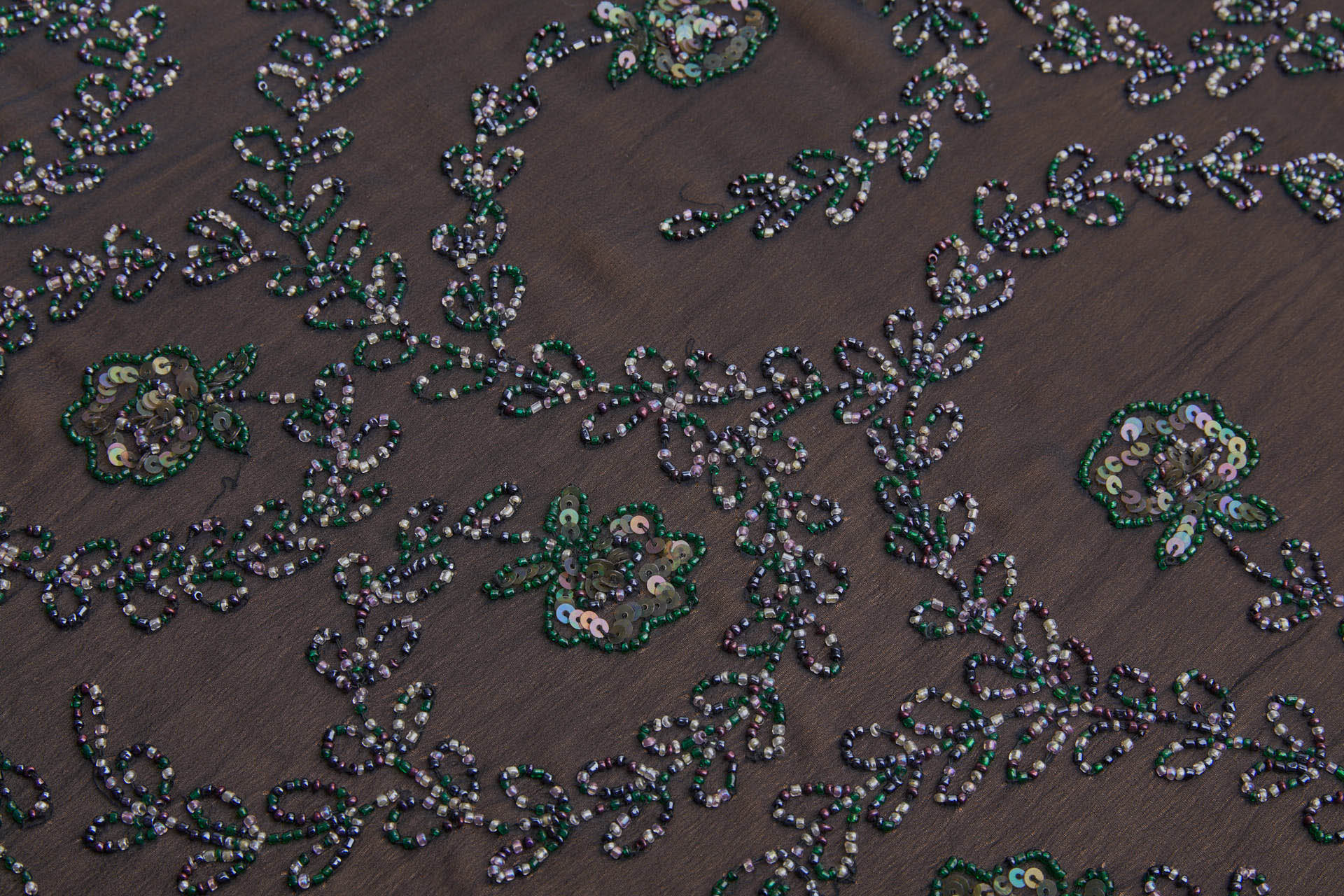 Black Georgette with Floral Swirl Beaded Embroidery - Pink, Purple & Green fabric, image 4 of 13