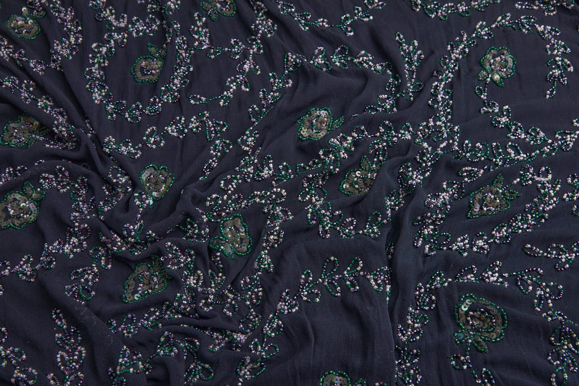Black Georgette with Floral Swirl Beaded Embroidery - Pink, Purple & Green fabric, image 5 of 13