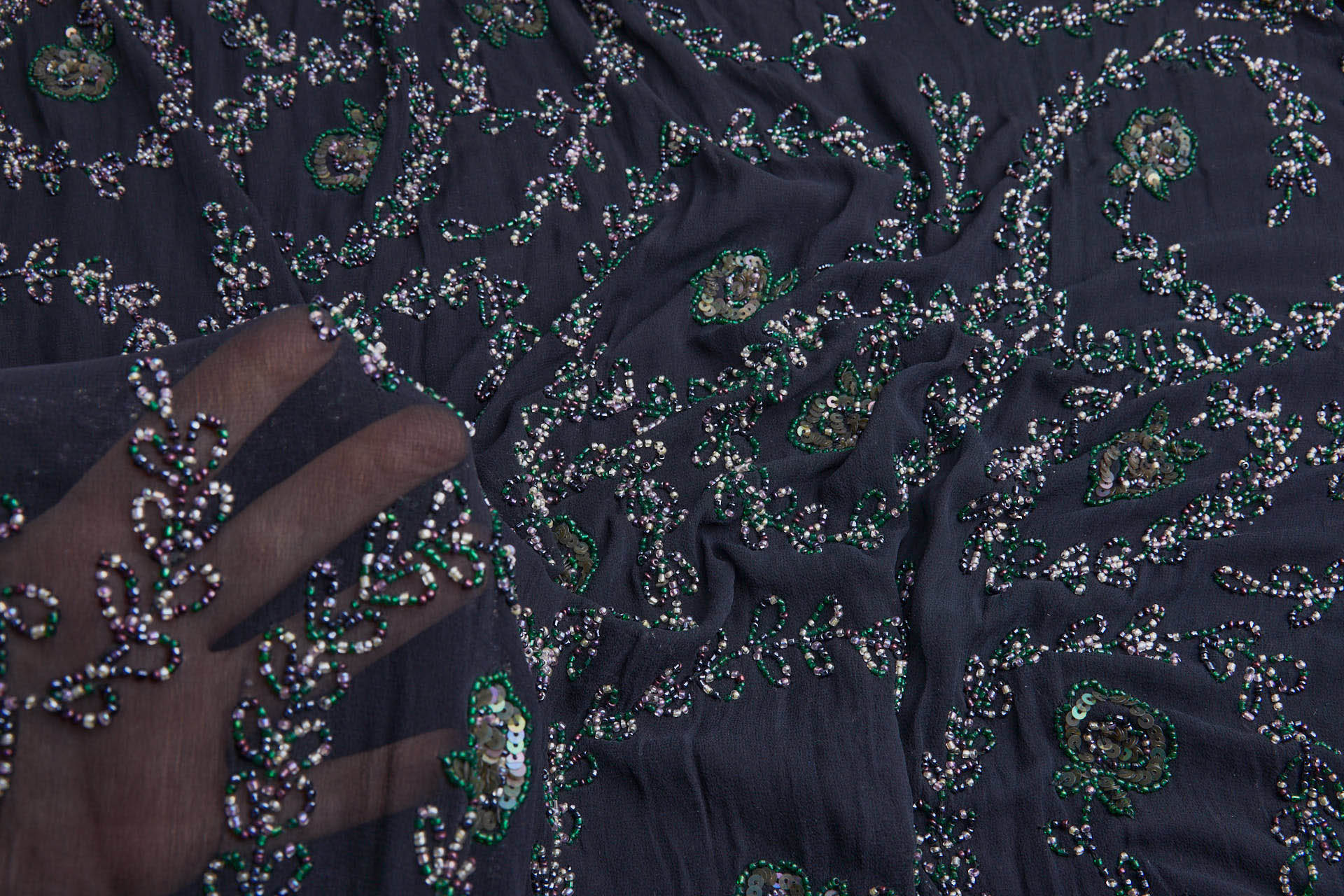 Black Georgette with Floral Swirl Beaded Embroidery - Pink, Purple & Green fabric