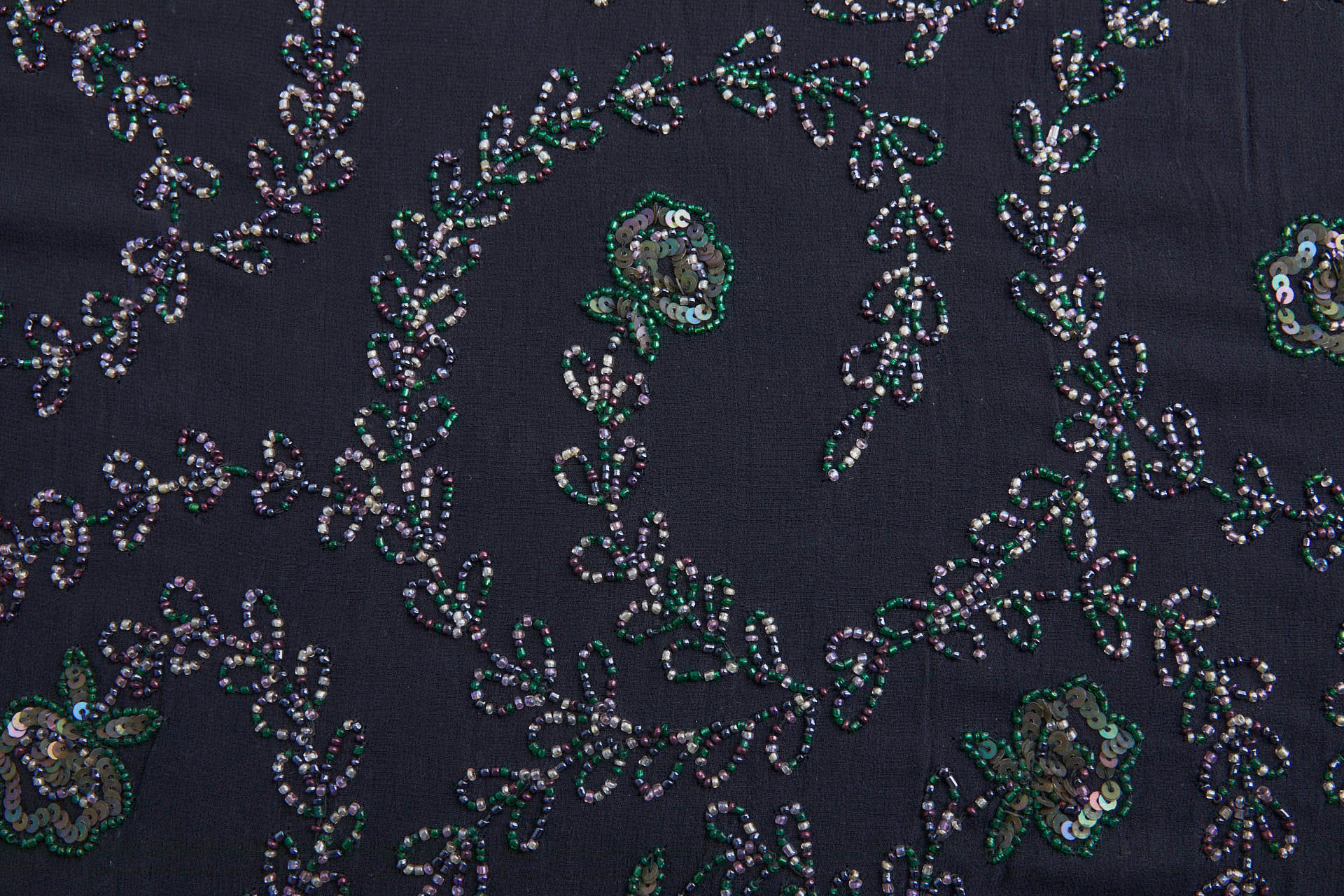 Black Georgette with Floral Swirl Beaded Embroidery - Pink, Purple & Green fabric, image 7 of 13