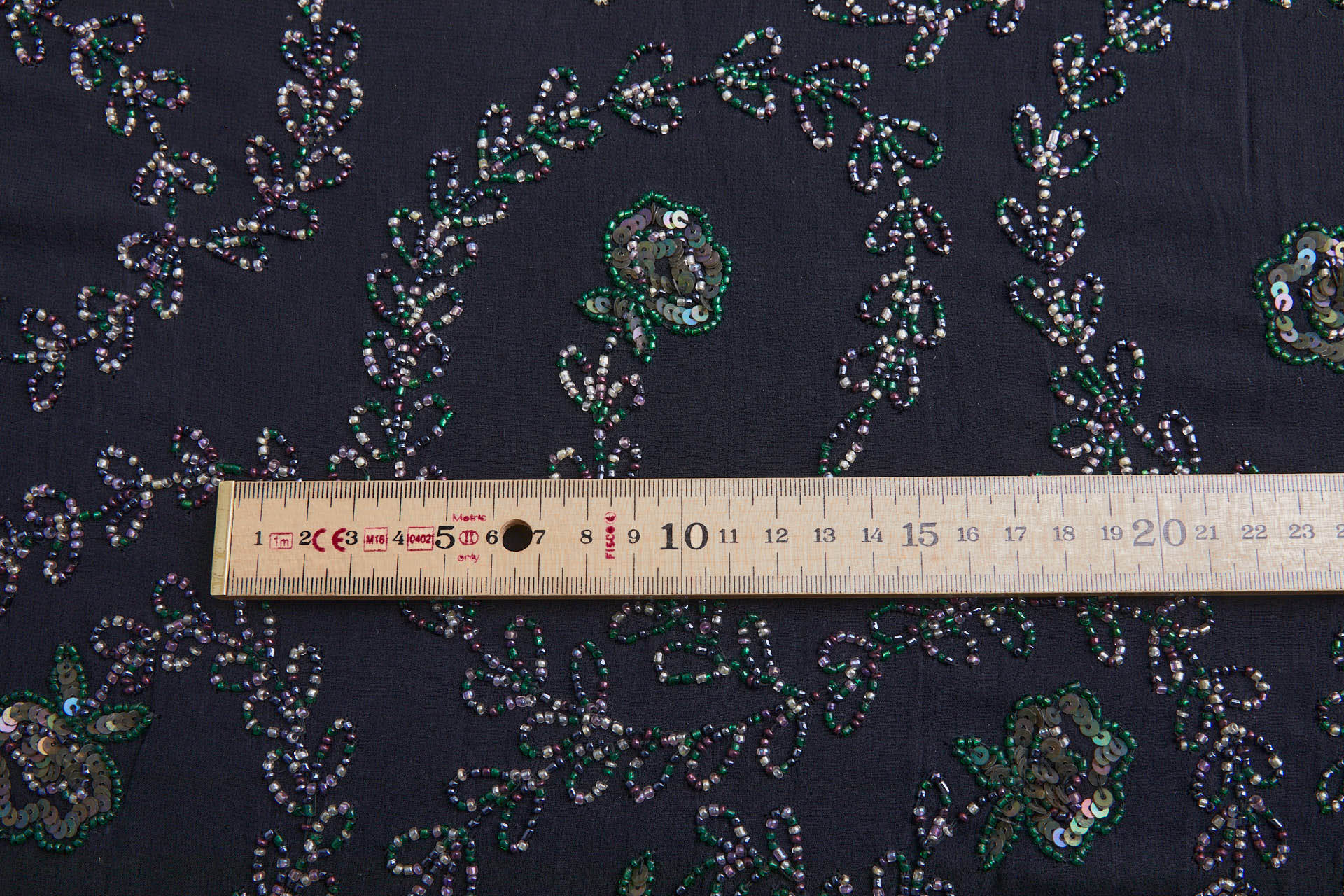 Black Georgette with Floral Swirl Beaded Embroidery - Pink, Purple & Green fabric, image 8 of 13