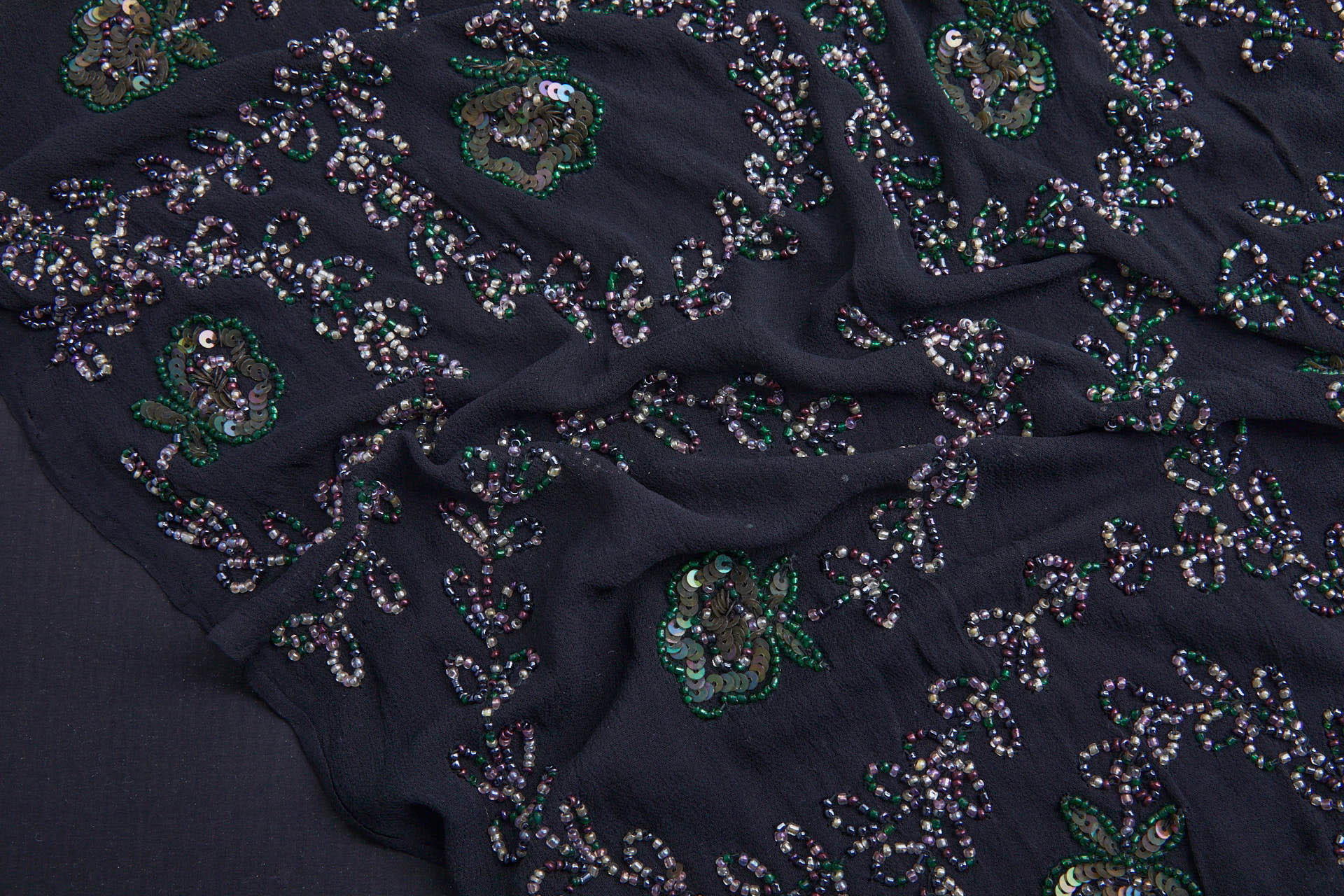 Black Georgette with Floral Swirl Beaded Embroidery - Pink, Purple & Green fabric, image 9 of 13