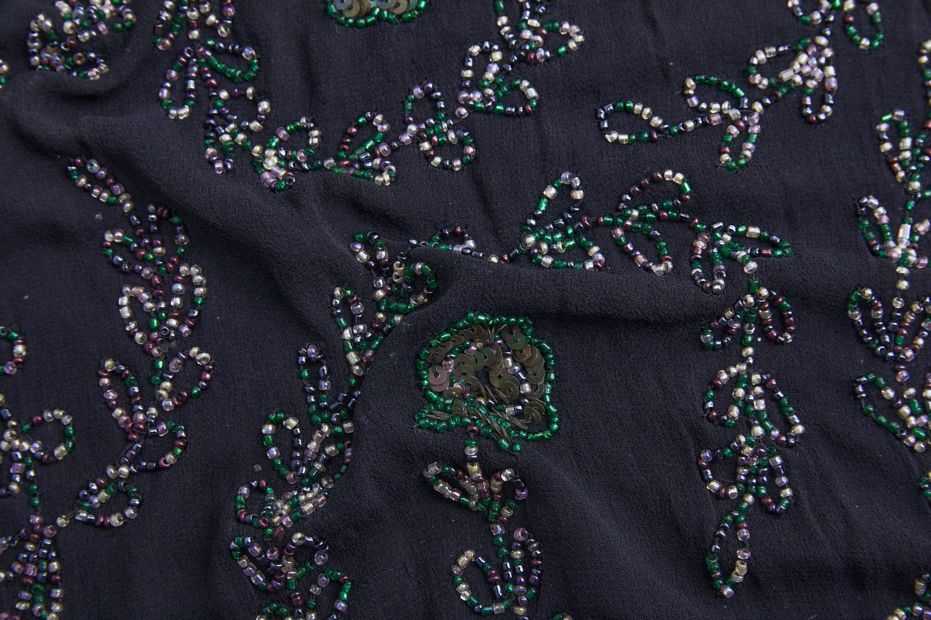 Black Georgette with Floral Swirl Beaded Embroidery - Pink, Purple & Green fabric, image 10 of 13