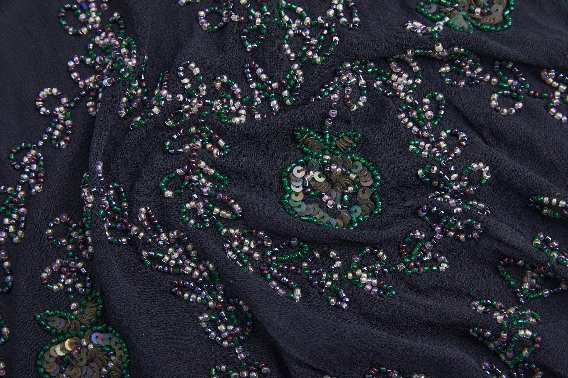 Black Georgette with Floral Swirl Beaded Embroidery - Pink, Purple & Green fabric, image 11 of 13