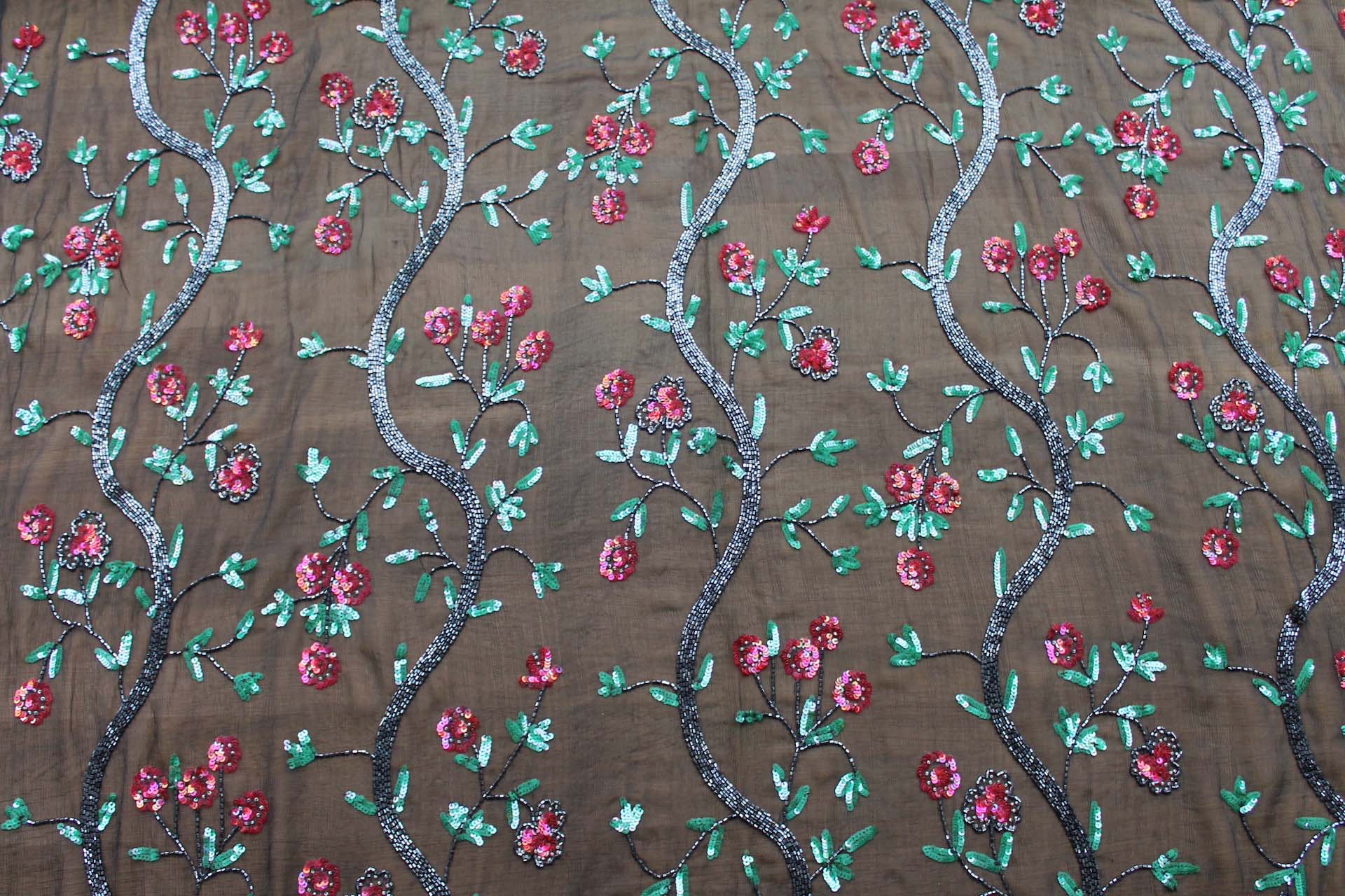 Black Floral Beaded Chiffon fabric, image 2 of 7