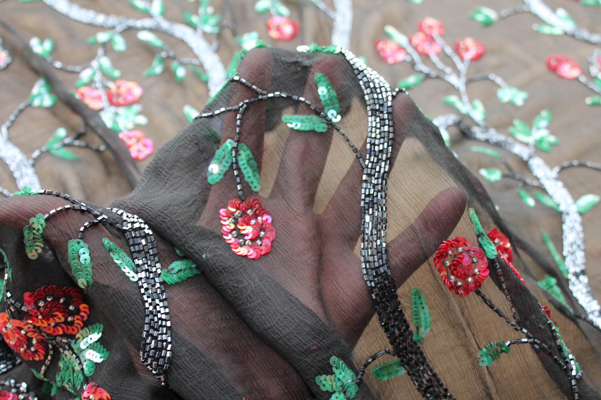Black Floral Beaded Chiffon fabric, image 5 of 7