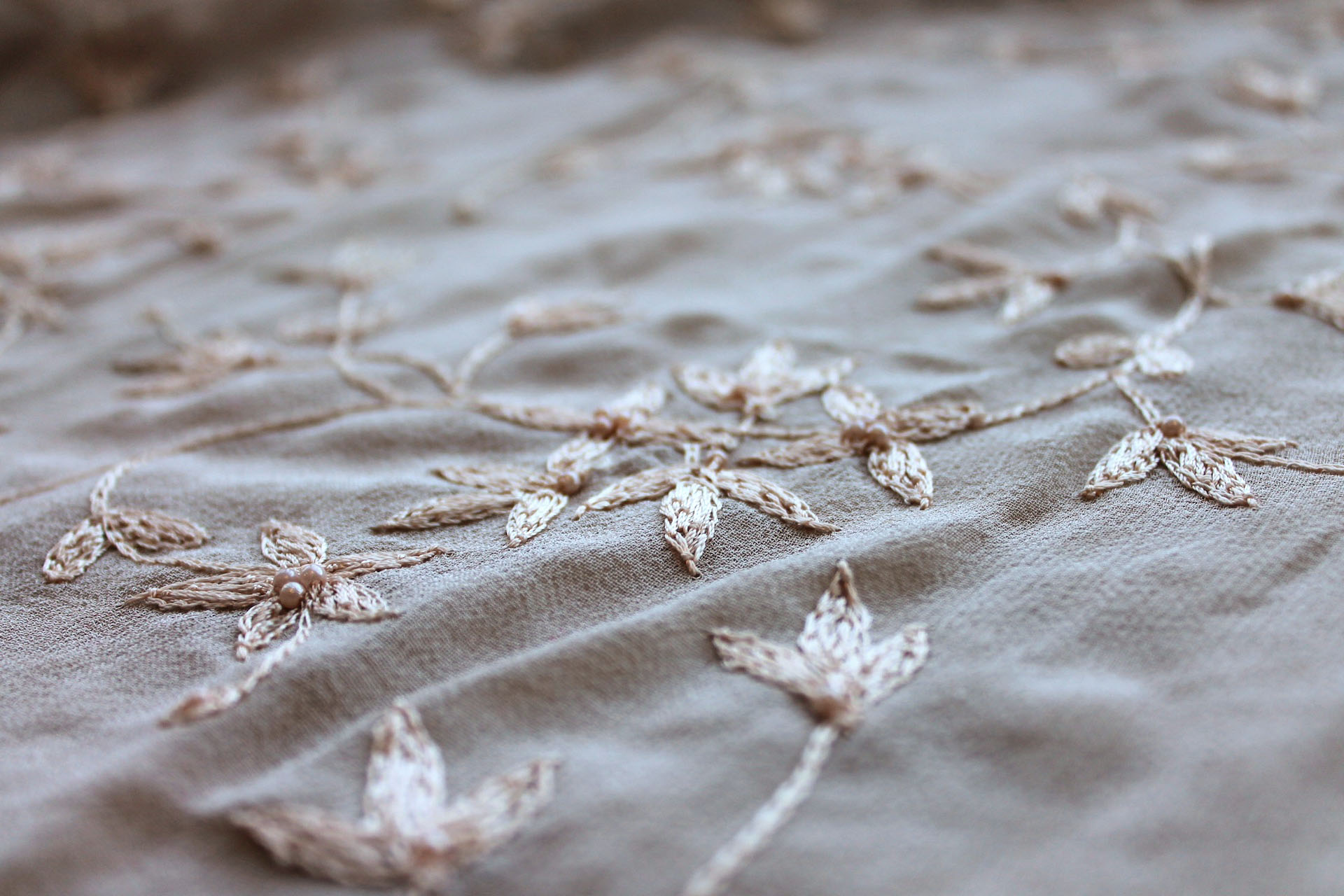 Nude Floral Embroidered Silk Chiffon with Pearls fabric, image 2 of 9