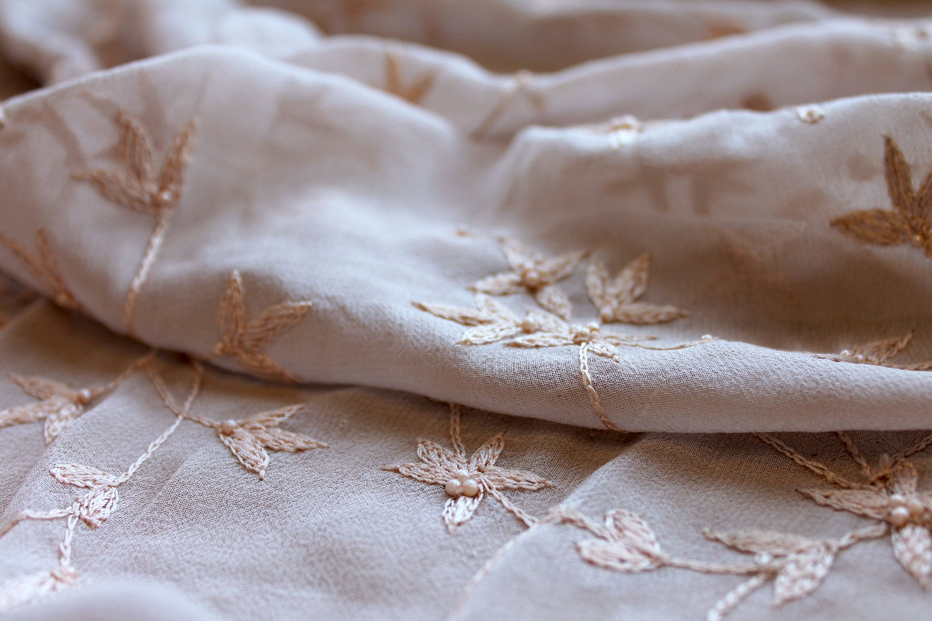 Nude Floral Embroidered Silk Chiffon with Pearls fabric, image 3 of 9