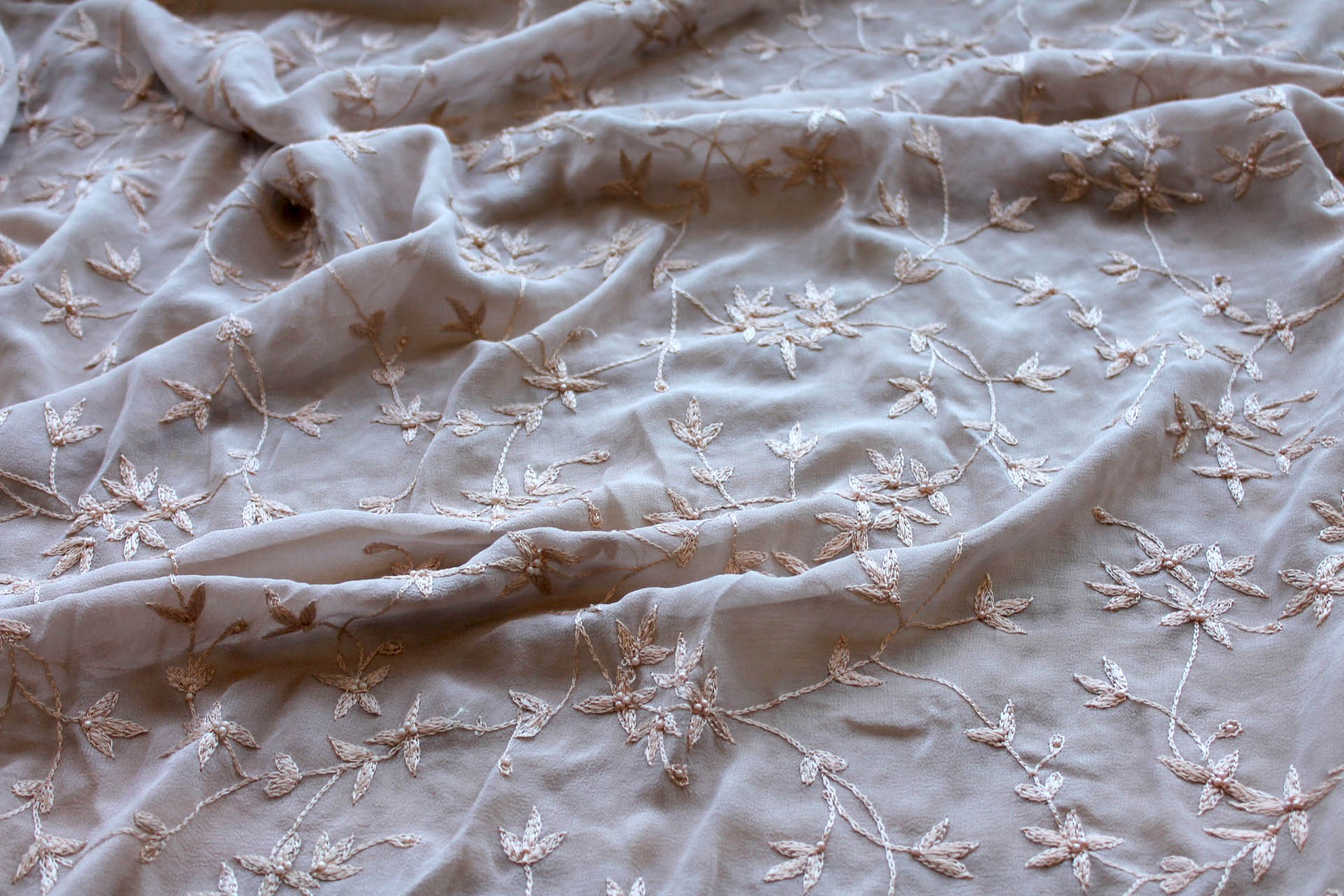 Nude Floral Embroidered Silk Chiffon with Pearls fabric, image 4 of 9
