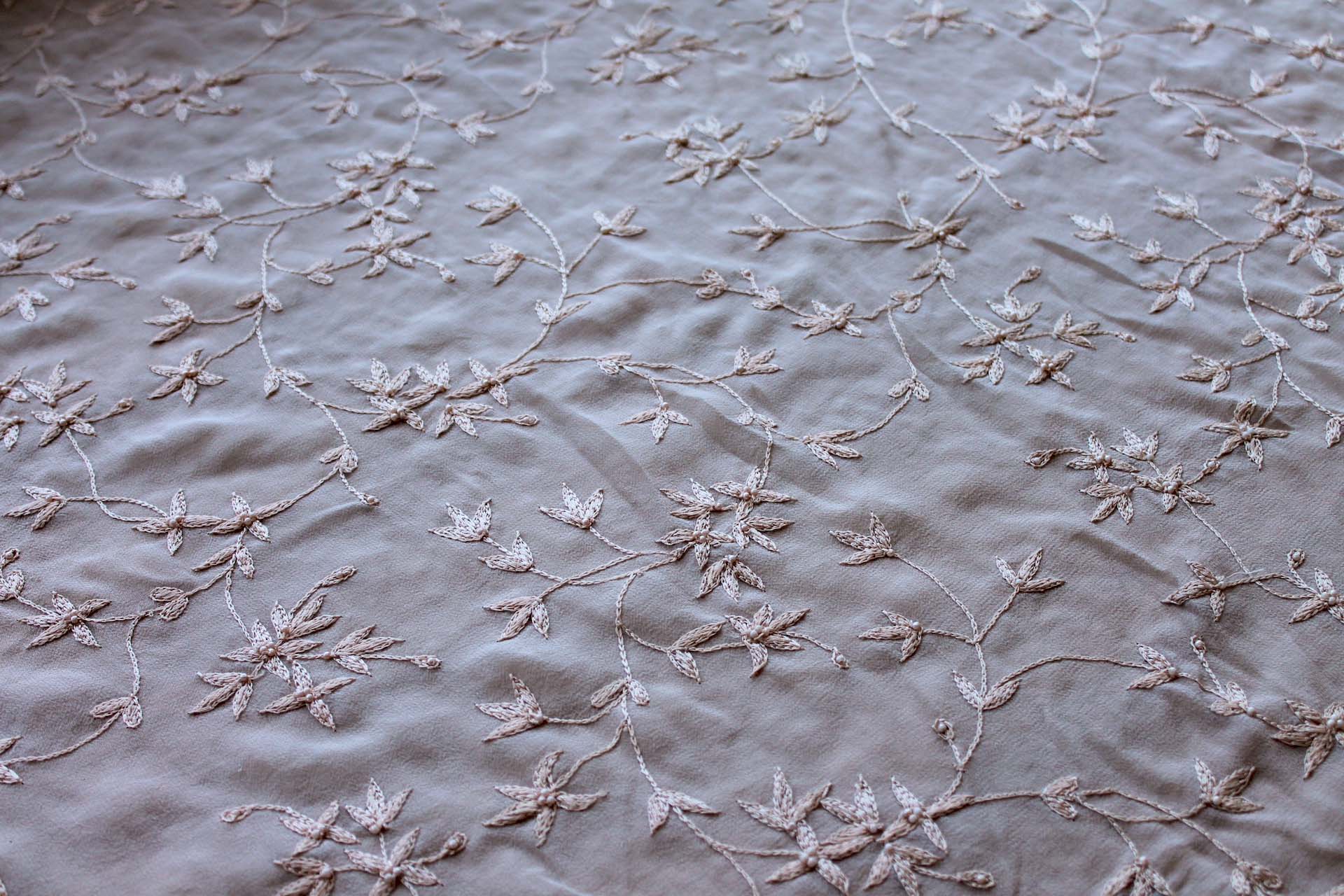 Nude Floral Embroidered Silk Chiffon with Pearls fabric, image 5 of 9