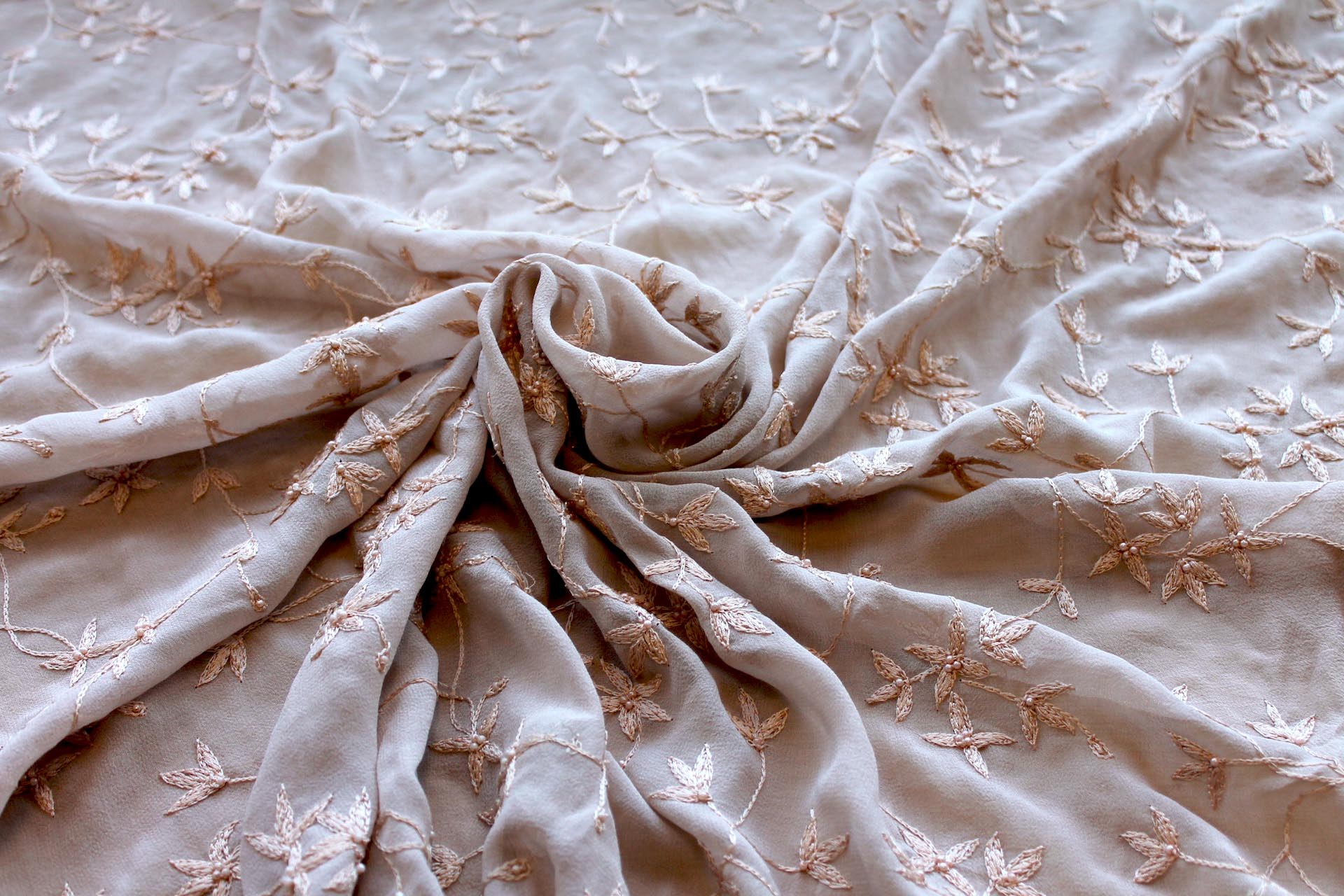 Nude Floral Embroidered Silk Chiffon with Pearls fabric