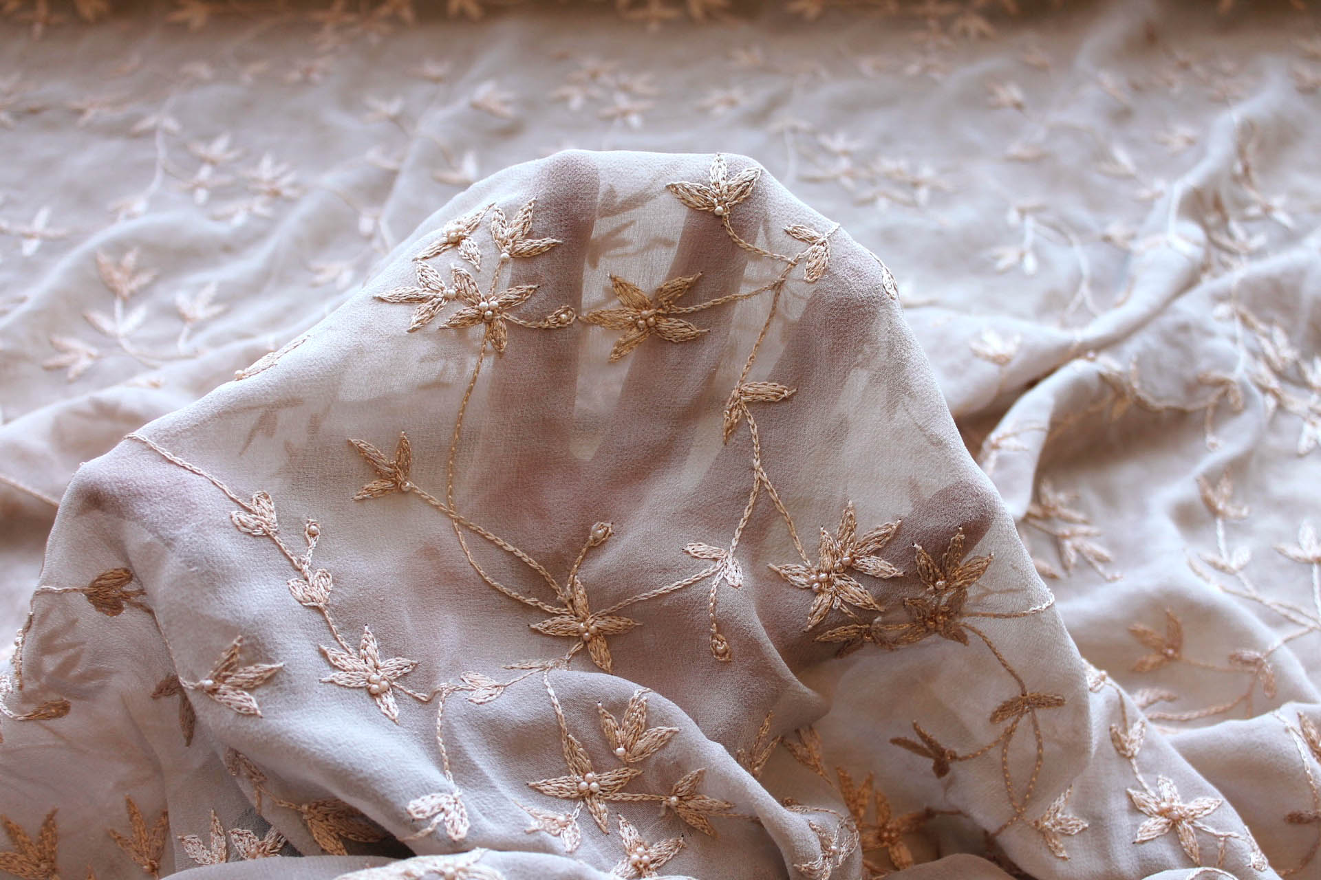 Nude Floral Embroidered Silk Chiffon with Pearls fabric, image 8 of 9